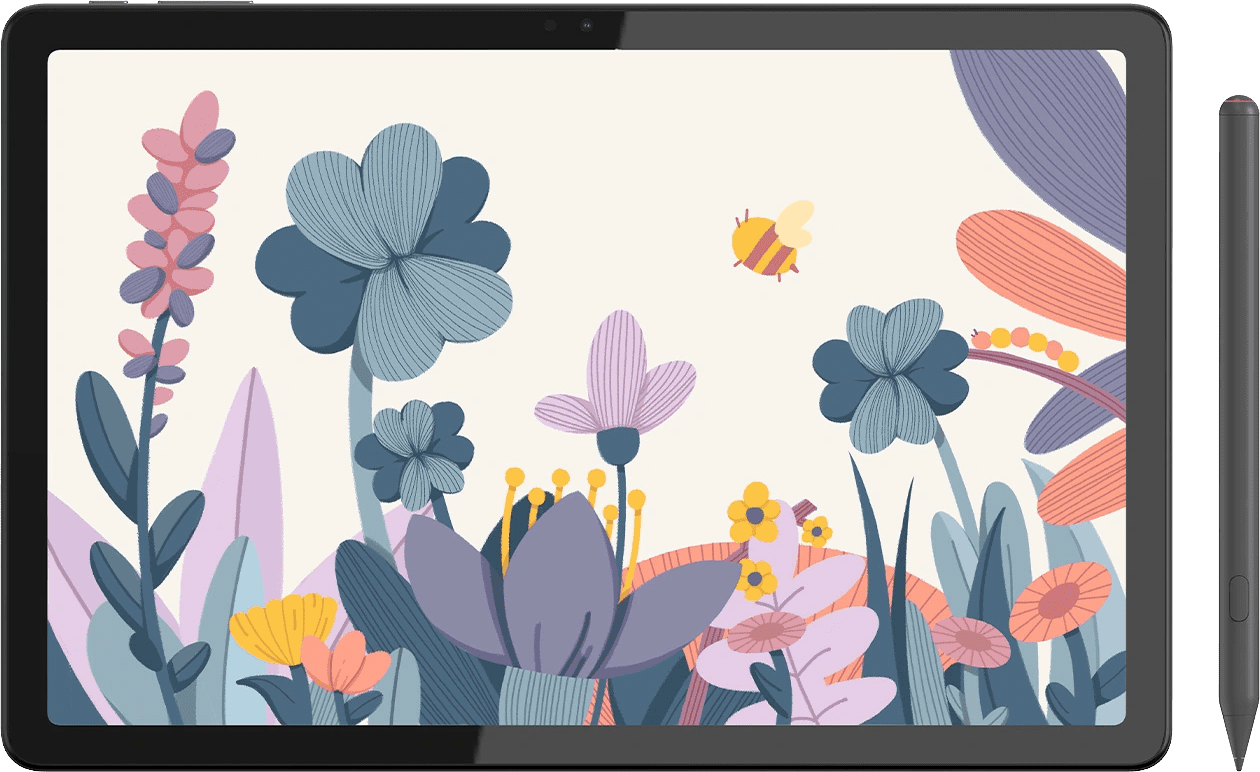 a digital tablet displaying a vibrant illustration of various colorful flowers and a small bee against a light background the design features petals and leaves in shades of blue pink yellow and green creating a cheerful floral scene digital production A digital tablet displaying a vibrant illustration of various colorful flowers and a small bee against a light background. The design features petals and leaves in shades of blue, pink, yellow, and green, creating a cheerful floral scene.