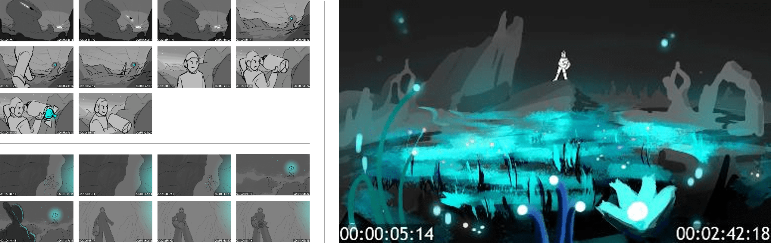 a stylized animation storyboard showing various scenes of characters blending muted colors and highlights of glowing blue plants in a dark environment one main character stands on a rock amid ethereal flora digital production A stylized animation storyboard showing various scenes of characters, blending muted colors and highlights of glowing blue plants in a dark environment. One main character stands on a rock amid ethereal flora.