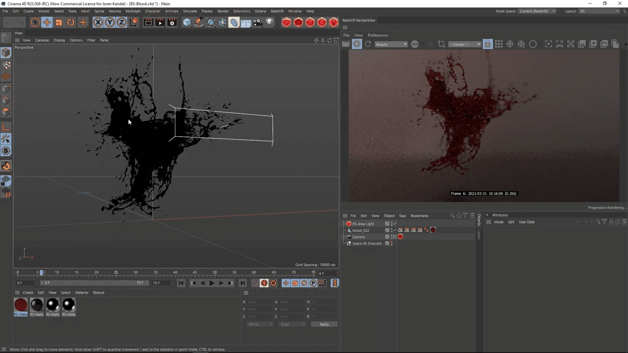 a computer screen displaying a 3d modeling software interface on the left a black abstract shape resembling a splash is shown the right side shows a rendered view of the shape in a reddish tone with additional settings visible in the software digital production A computer screen displaying a 3D modeling software interface. On the left, a black abstract shape resembling a splash is shown. The right side shows a rendered view of the shape in a reddish tone, with additional settings visible in the software.
