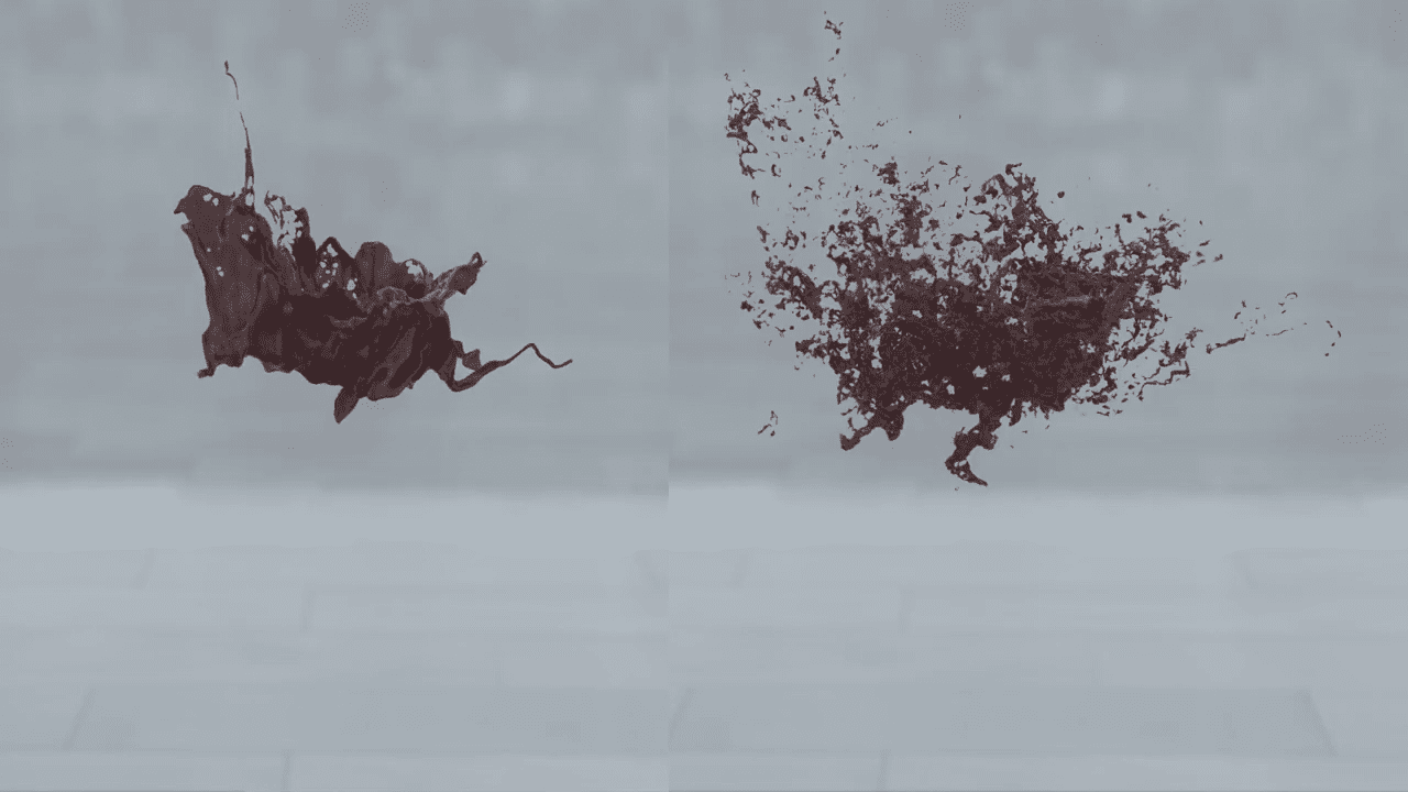 a dynamic splash of dark liquid suspended in midair showcasing intricate flowing shapes on a blurred background with two distinct splatters contrasted against each other emphasizing movement and fluidity digital production A dynamic splash of dark liquid suspended in mid-air, showcasing intricate, flowing shapes on a blurred background, with two distinct splatters contrasted against each other, emphasizing movement and fluidity.