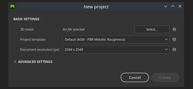 a software interface displaying the new project window it includes fields for selecting a 3d mesh a project template dropdown labeled default asm pbr metallic roughness and a document resolution setting of 2048 x 2048 pixels with options to cancel or create digital production https://helpx-prod.scene7.com/is/image/HelpxProd/v12_banner_project_window?$pjpeg$&jpegSize=200&wid=650