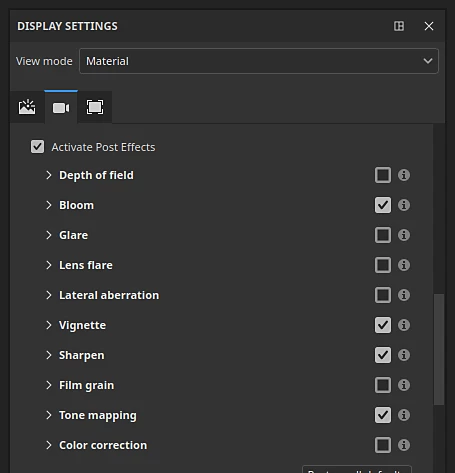 a computer interface displaying display settings with options for post effects such as bloom vignette and tone mapping checkboxes indicate which effects are activated set against a dark background digital production https://helpx-prod.scene7.com/is/image/HelpxProd/v12_display_settings_post_effects?$png$&jpegSize=100&wid=455