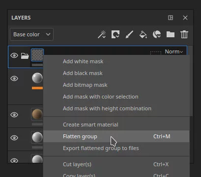 screenshot of a software interface displaying a layers panel with options including flatten group highlighted the panel has various buttons and layers with icons indicating different functions digital production https://helpx-prod.scene7.com/is/image/HelpxProd/v12_flatten_menu?$pjpeg$&jpegSize=100&wid=409