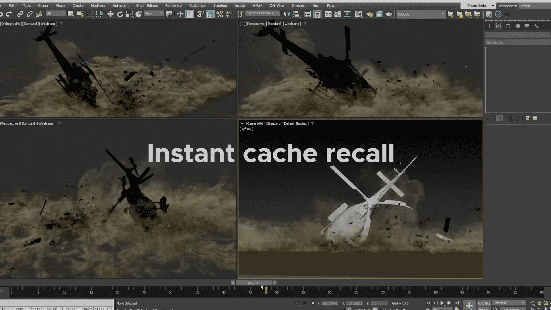 a 3d rendering software interface displaying a helicopter crashing into a cloud of debris and dust the phrase instant cache recall is prominently featured in the center the screen is divided into four sections showing different angles of the scene digital production A 3D rendering software interface displaying a helicopter crashing into a cloud of debris and dust. The phrase 'Instant cache recall' is prominently featured in the center. The screen is divided into four sections, showing different angles of the scene.