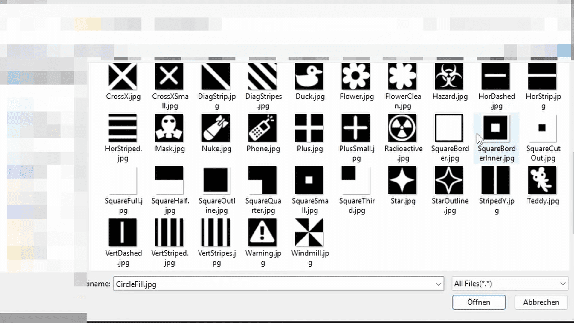 a computer interface displaying various icons in black and white including patterns like stripes squares and symbols such as a flower radioactivity and a teddy bear the layout is gridlike showcasing a variety of graphic elements on a light gray background digital production A computer interface displaying various icons in black and white, including patterns like stripes, squares, and symbols such as a flower, radioactivity, and a teddy bear. The layout is grid-like, showcasing a variety of graphic elements on a light gray background.