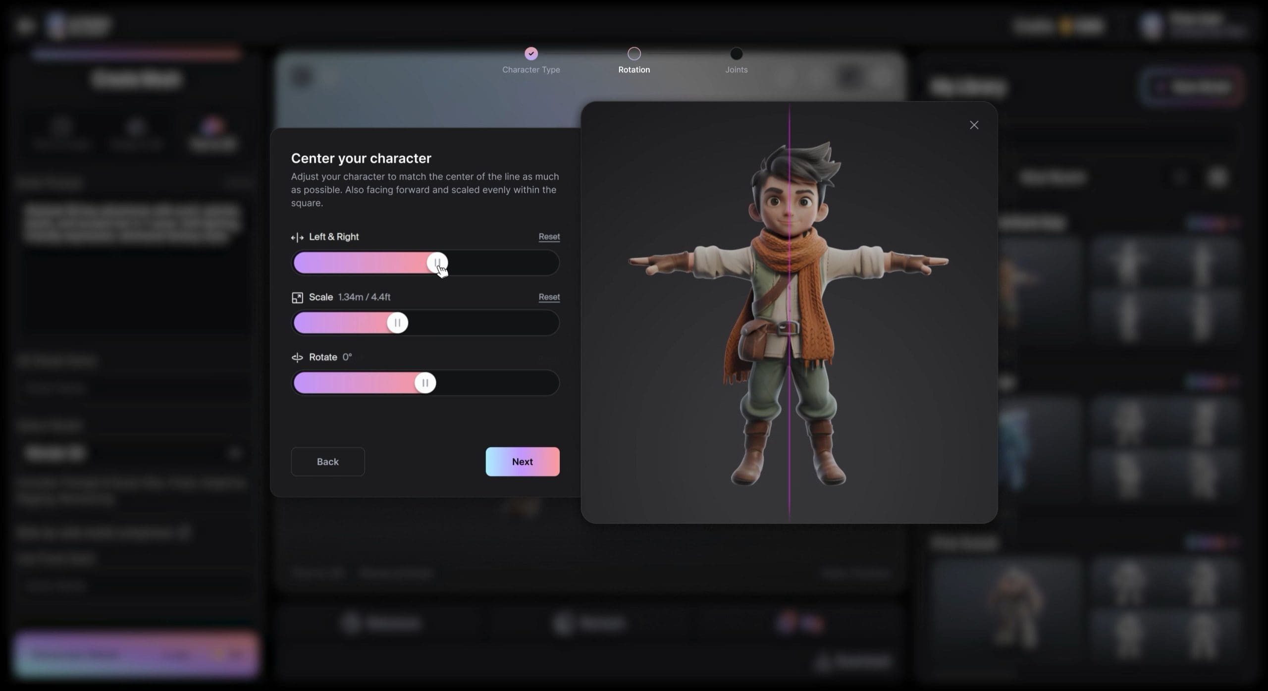 a 3d character model displayed in a center panel showcasing a young boy with tousled brown hair and a friendly expression he wears a warm scarf and casual attire standing with arms outstretched beside him are adjustable sliders labeled left right scale and rotate for character customization options digital production A 3D character model displayed in a center panel, showcasing a young boy with tousled brown hair and a friendly expression. He wears a warm scarf and casual attire, standing with arms outstretched. Beside him are adjustable sliders labeled "Left & Right," "Scale," and "Rotate" for character customization options.