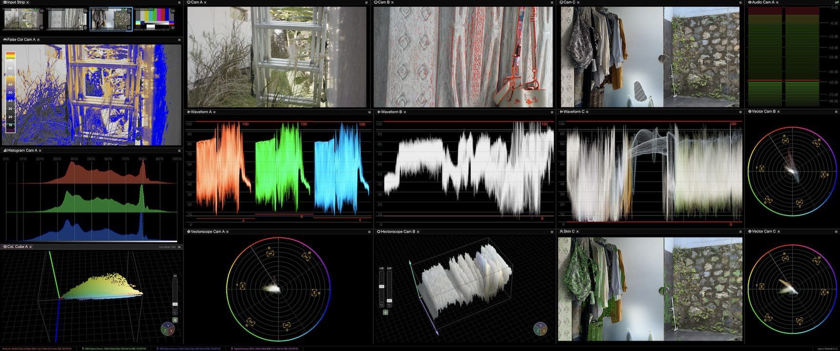 a composite image displaying various video and audio signals alongside color histograms and waveforms various footage previews depict walls clothing and an interior setting illustrating technical data for visual monitoring digital production A composite image displaying various video and audio signals alongside color histograms and waveforms. Various footage previews depict walls, clothing, and an interior setting, illustrating technical data for visual monitoring.