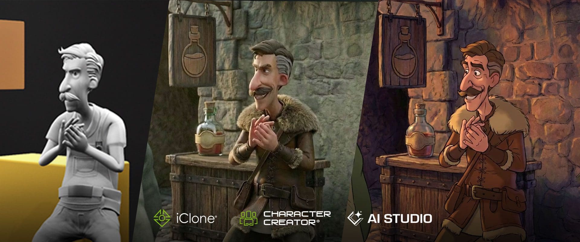 a threepart scene depicts a character design process the first panel shows a monochrome model of a man with a prominent mustache and surprised expression the second panel transitions to a brightly colored version revealing depth and details in the characters clothing and features the final panel presents the character in a rustic setting complete with wooden textures and atmospheric lighting enhancing his lively expression digital production A three-part scene depicts a character design process. The first panel shows a monochrome model of a man with a prominent mustache and surprised expression. The second panel transitions to a brightly colored version, revealing depth and details in the character's clothing and features. The final panel presents the character in a rustic setting, complete with wooden textures and atmospheric lighting, enhancing his lively expression.