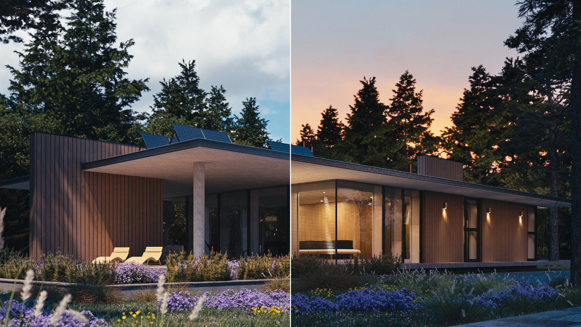 a modern house featuring smooth horizontal wood siding and large glass windows surrounded by vibrant green trees in the foreground purple flowers bloom near a serene body of water with sunlight casting a warm glow on the structure at dusk digital production A modern house featuring smooth horizontal wood siding and large glass windows, surrounded by vibrant green trees. In the foreground, purple flowers bloom near a serene body of water, with sunlight casting a warm glow on the structure at dusk.