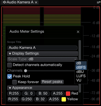 an audio meter settings interface titled audio kamera a displaying options for scale type channel detection peak hold and color settings several bars indicate audio levels with markings in db on the scale digital production An audio meter settings interface titled "Audio Kamera A" displaying options for scale type, channel detection, peak hold, and color settings. Several bars indicate audio levels with markings in dB on the scale.