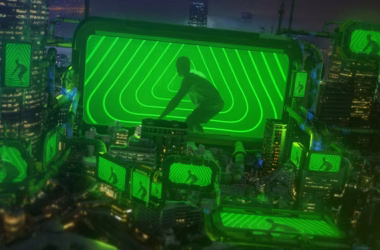 A futuristic cityscape illuminated by vivid green lights, featuring a giant screen displaying a silhouetted figure in motion. Surrounding buildings with digital displays create an immersive, high-tech atmosphere, evoking a sense of dynamism and innovation.