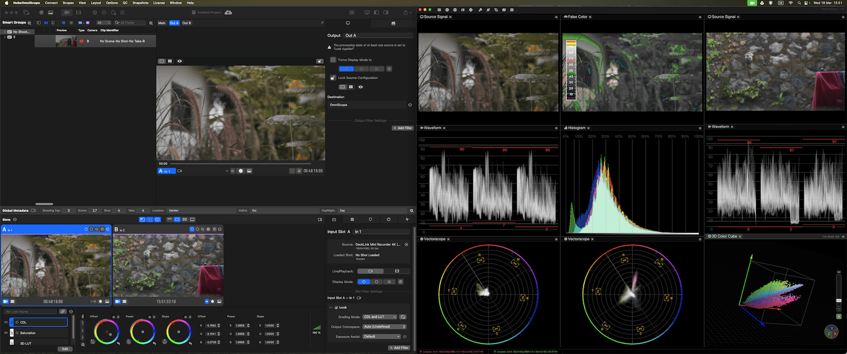 a computer screen displaying a video editing software interface with multiple panels the main panel shows a colorful image of a person near a stone wall while various graphs and color wheels analyze video properties digital production A computer screen displaying a video editing software interface with multiple panels. The main panel shows a colorful image of a person near a stone wall, while various graphs and color wheels analyze video properties.