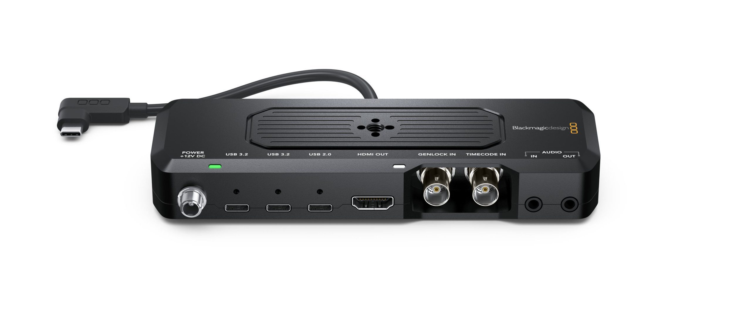 a blackmagic design ultrastudio capture device features a sleek black exterior with a textured top the device has multiple connection ports including hdmi thunderbolt and coaxial connectors suited for professional video and audio inputoutput complemented by indicator lights digital production A Blackmagic Design UltraStudio capture device features a sleek black exterior with a textured top. The device has multiple connection ports, including HDMI, Thunderbolt, and coaxial connectors, suited for professional video and audio input/output, complemented by indicator lights.