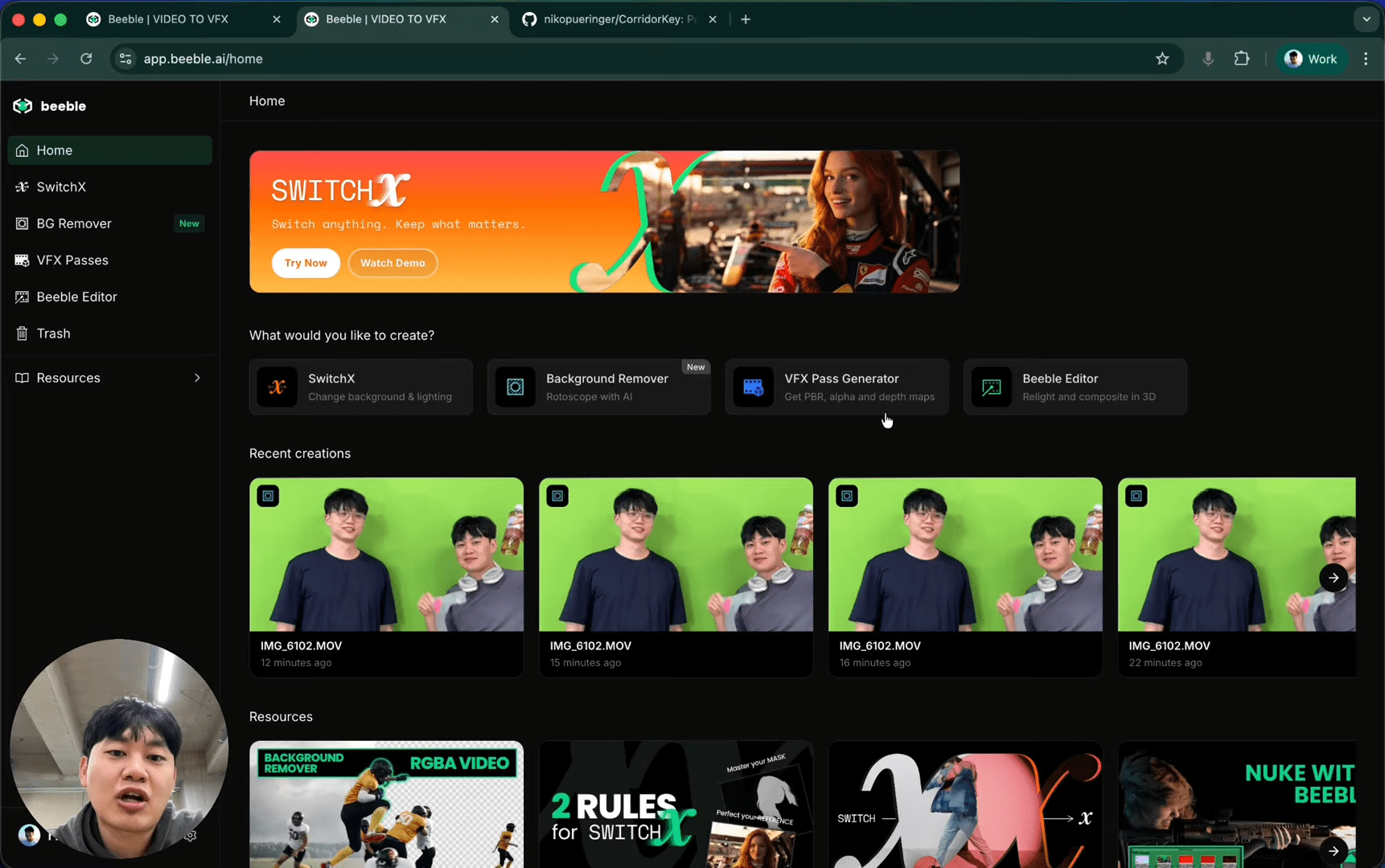 the interface of a video editing software featuring a vibrant orange banner titled switch showcasing a smiling person next to the logo below are options to create content including tools like background remover and beeble editor alongside recent creations displayed in square thumbnails with multiple copies of a man in a blue shirt against a green background digital production The interface of a video editing software, featuring a vibrant orange banner titled 'SWITCH', showcasing a smiling person next to the logo. Below are options to create content, including tools like 'Background Remover' and 'Beeble Editor', alongside recent creations displayed in square thumbnails with multiple copies of a man in a blue shirt against a green background.