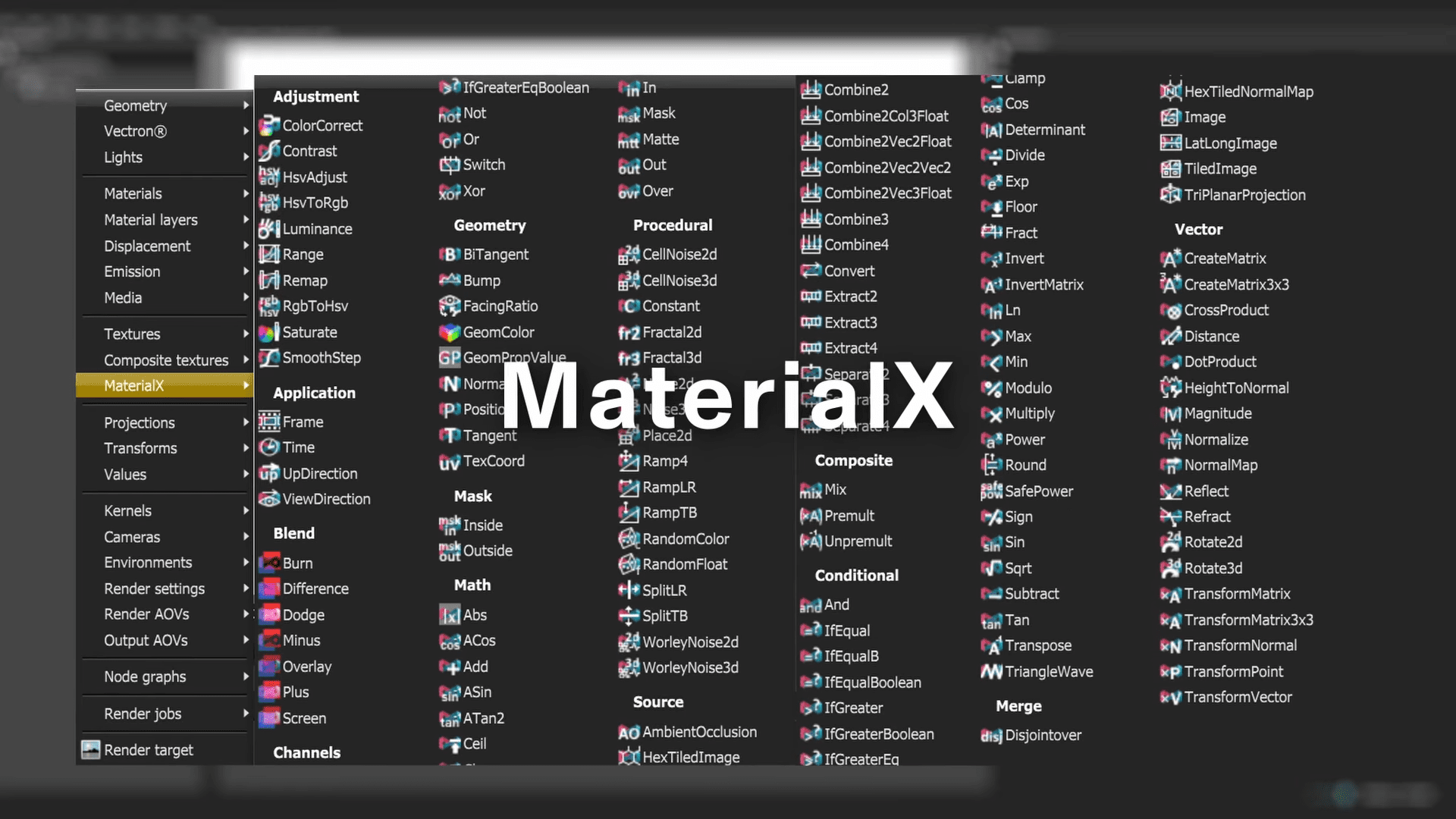 a screen displaying a detailed interface for a design software featuring various categories like geometry textures and application the prominent title materialx is central surrounded by neatly organized icons and options showcasing a rich assortment of tools for graphic creation digital production A screen displaying a detailed interface for a design software, featuring various categories like 'Geometry,' 'Textures,' and 'Application.' The prominent title 'MaterialX' is central, surrounded by neatly organized icons and options, showcasing a rich assortment of tools for graphic creation.