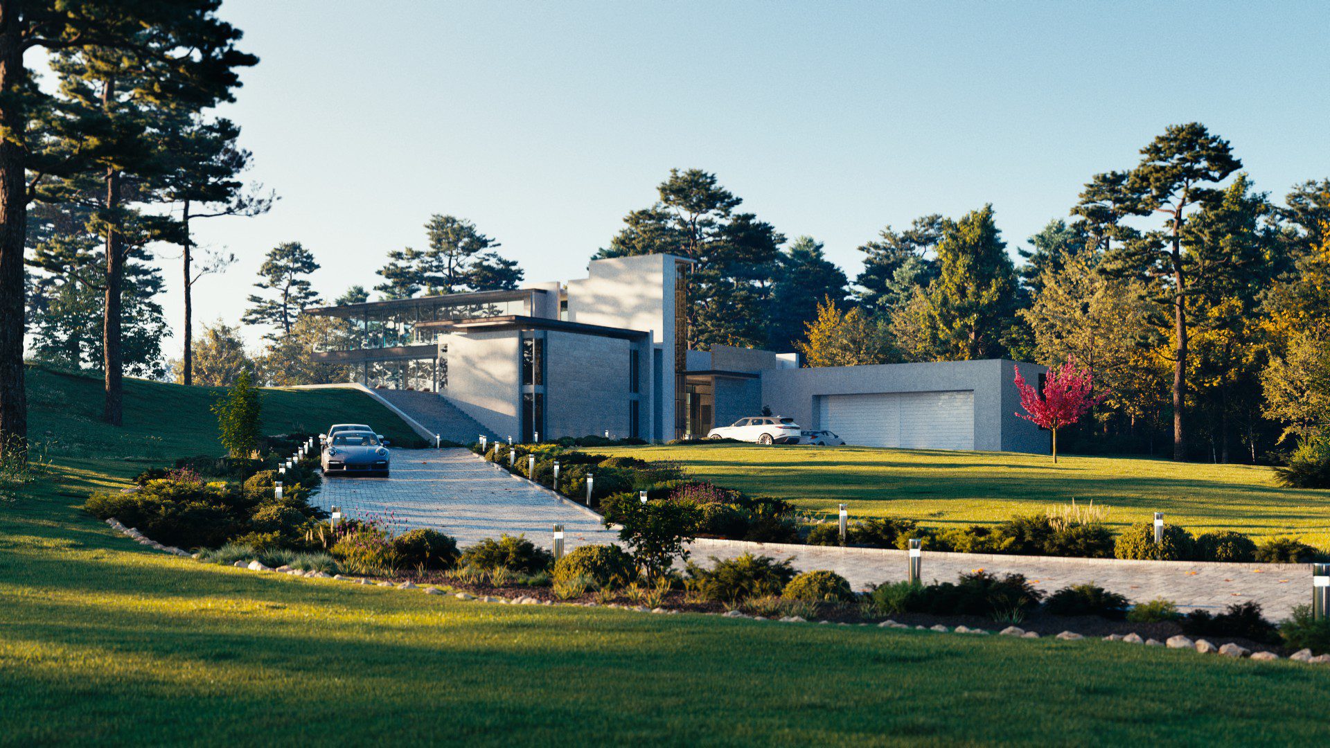 a modern angular home with large windows and a sleek facade sits gracefully among tall trees in a lush green landscape a curved driveway leads to the entrance highlighting two parked cars vibrant pink blossoms add a pop of color in the foreground creating an inviting atmosphere digital production A modern, angular home with large windows and a sleek facade sits gracefully among tall trees in a lush green landscape. A curved driveway leads to the entrance, highlighting two parked cars. Vibrant pink blossoms add a pop of color in the foreground, creating an inviting atmosphere.