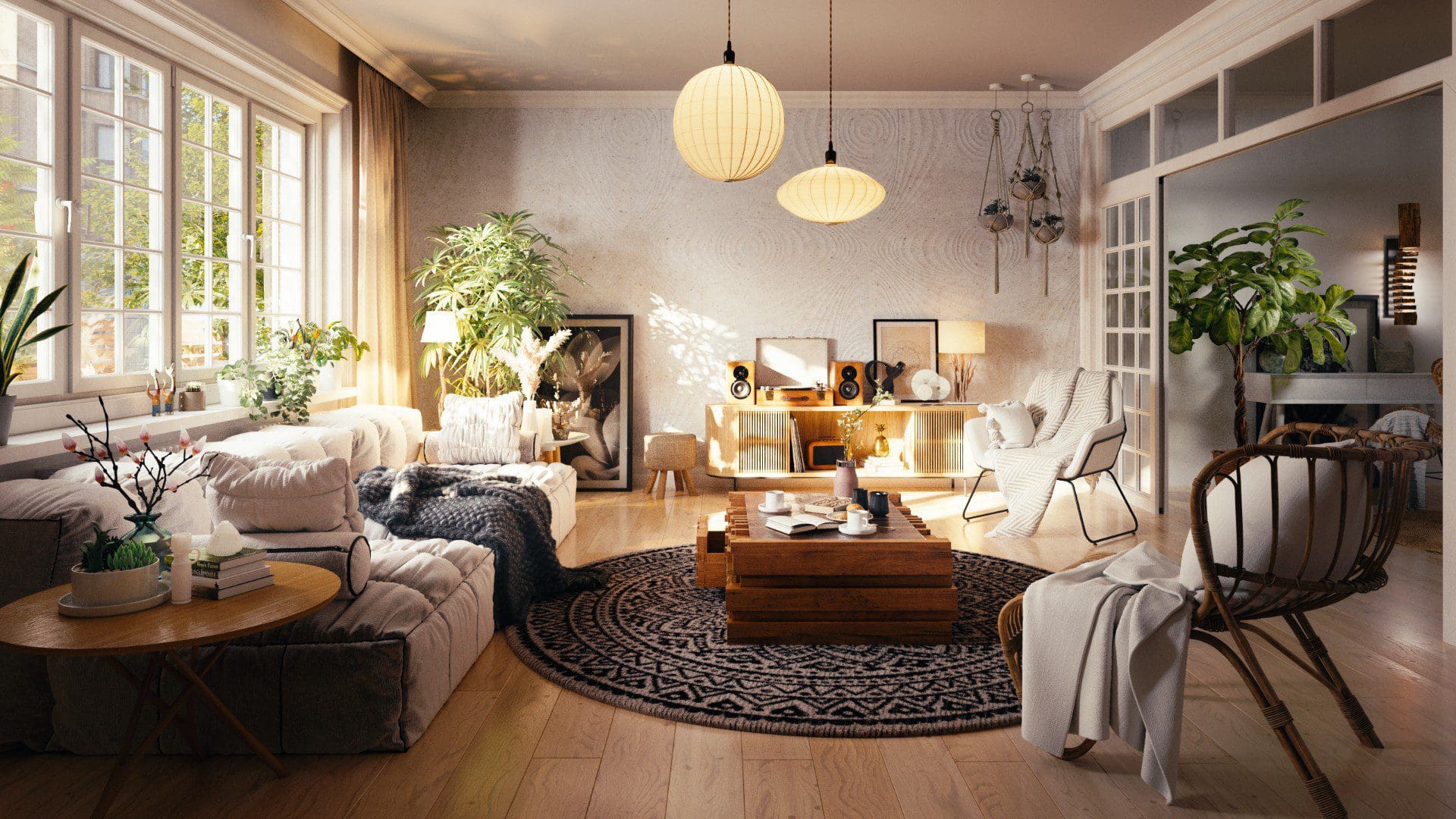 a bright and inviting living room features a plush white sofa adorned with decorative pillows facing a stunning wooden coffee table sunlight pours through large windows illuminating indoor plants and eclectic decorations creating a warm ambiance a patterned rug anchors the space digital production A bright and inviting living room features a plush white sofa adorned with decorative pillows, facing a stunning wooden coffee table. Sunlight pours through large windows, illuminating indoor plants and eclectic decorations, creating a warm ambiance. A patterned rug anchors the space.