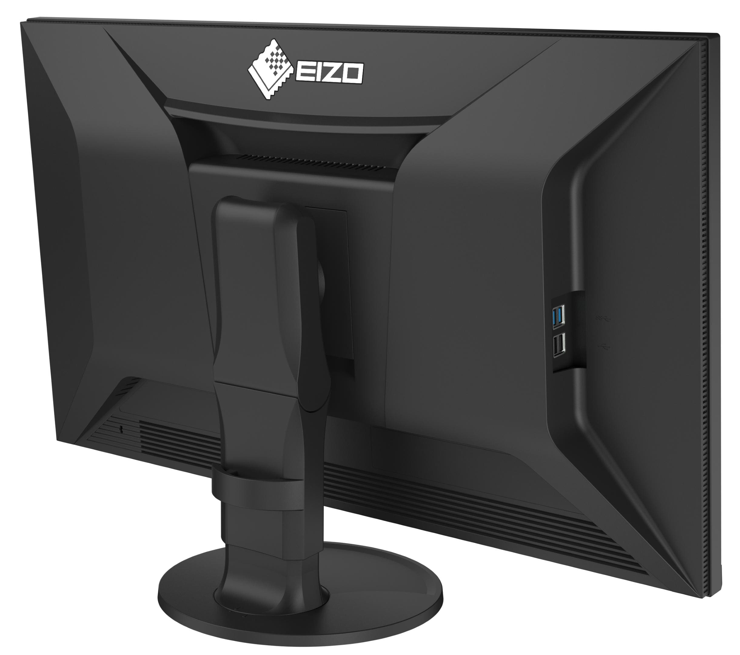 a sleek eizo computer monitor is displayed from the back emphasizing its modern minimalist design the matte black surface reflects subtle light while the sturdy mount ensures stability two usb ports are neatly integrated into the side enhancing functionality digital production A sleek EIZO computer monitor is displayed from the back, emphasizing its modern, minimalist design. The matte black surface reflects subtle light, while the sturdy mount ensures stability. Two USB ports are neatly integrated into the side, enhancing functionality.