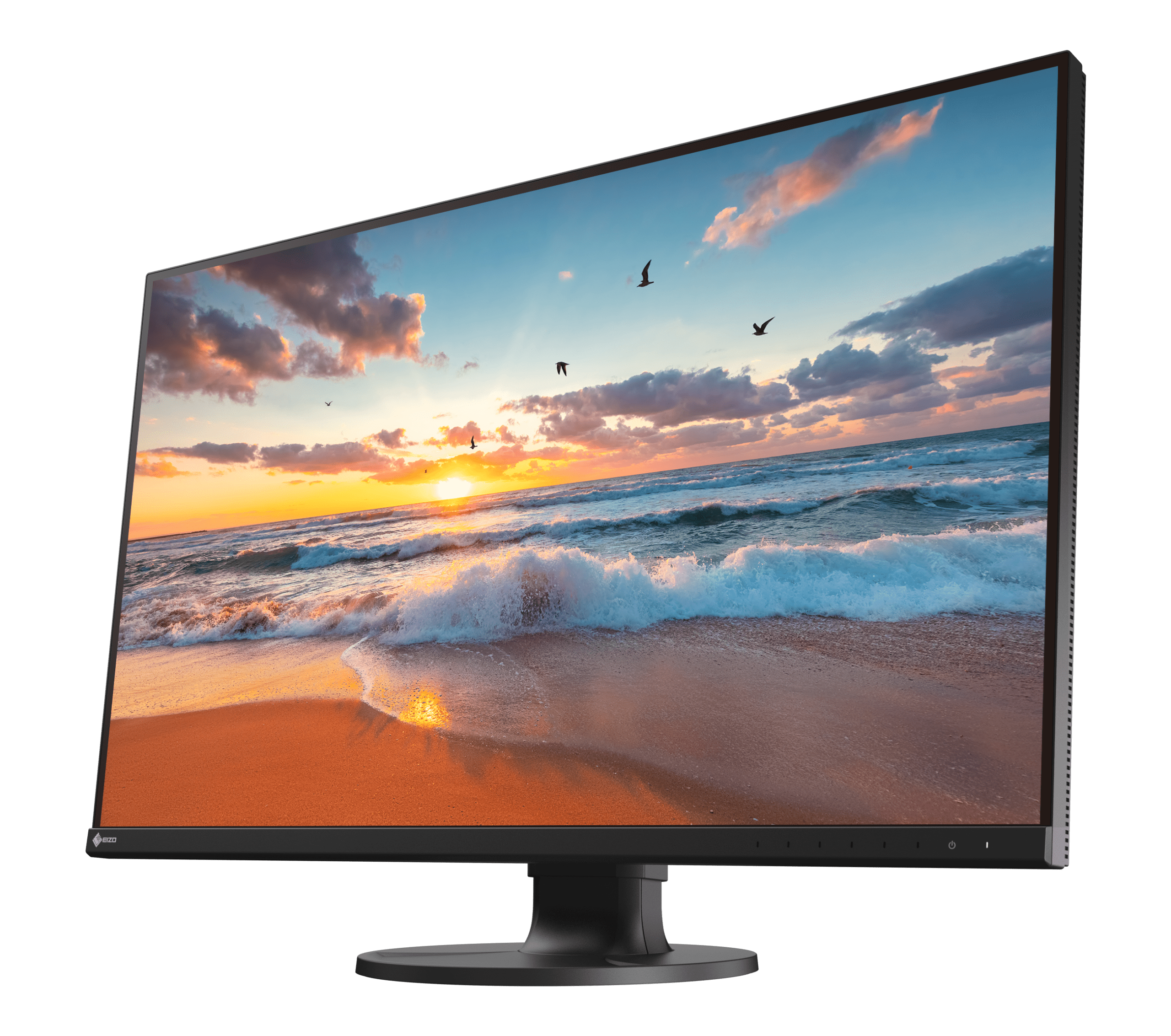 a sleek computer monitor with a vibrant display featuring a scenic beach at sunset the screen showcases waves rolling onto a sandy shore kissed by golden sunlight under a sky filled with clouds and flying birds creating a serene and picturesque scene digital production A sleek computer monitor with a vibrant display featuring a scenic beach at sunset. The screen showcases waves rolling onto a sandy shore, kissed by golden sunlight, under a sky filled with clouds and flying birds, creating a serene and picturesque scene.