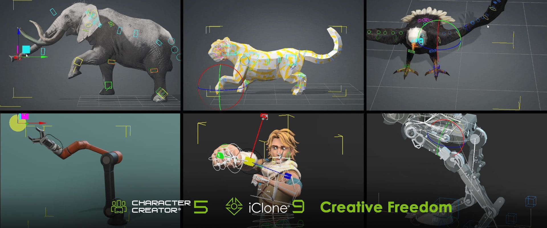 a collage showcasing various 3d character models and assets the top row features a stylized elephant a colorful lion and a detailed bird while the bottom shows a robotic arm a character holding a globe and a mechanical limb highlighting creativity in character design digital production A collage showcasing various 3D character models and assets. The top row features a stylized elephant, a colorful lion, and a detailed bird, while the bottom shows a robotic arm, a character holding a globe, and a mechanical limb, highlighting creativity in character design.