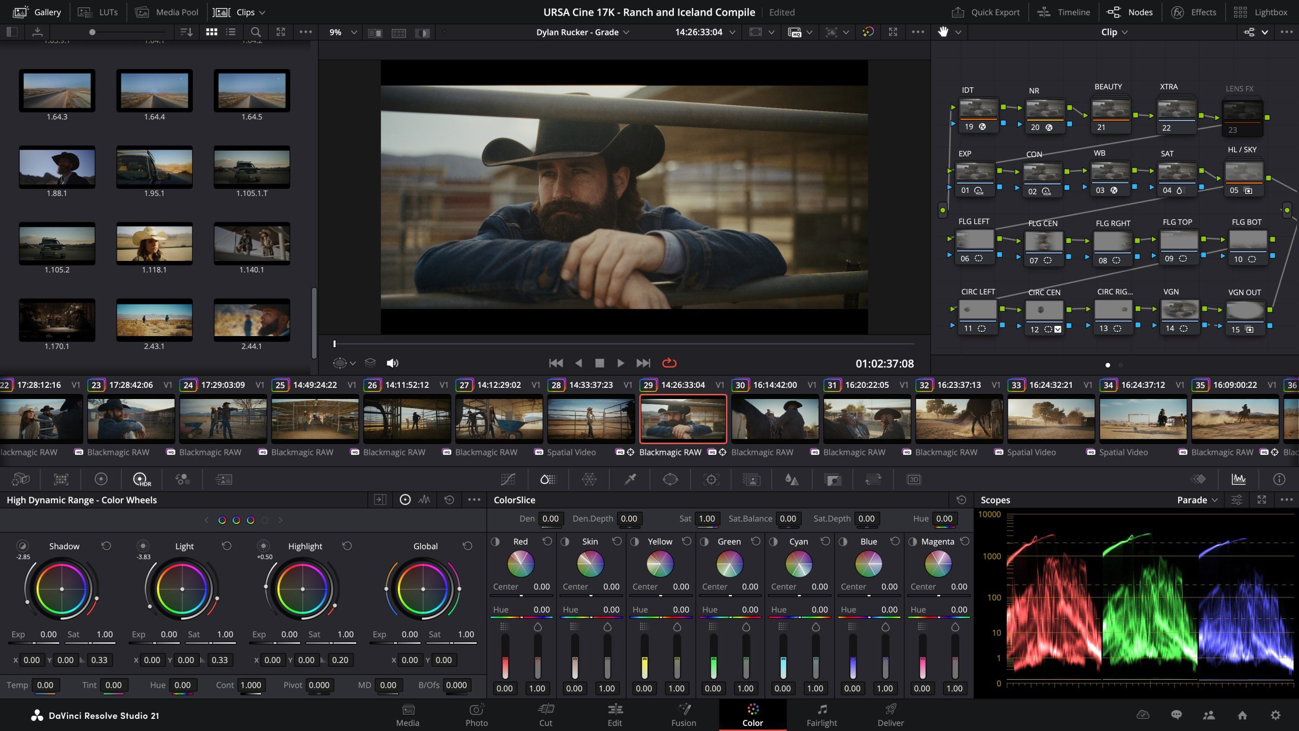 a detailed screenshot of a color grading software interface showcasing a scene with a man wearing a cowboy hat leaning against a fence the editing panel displays various color wheels and footage thumbnails highlighting the creative process of video editing digital production A detailed screenshot of a color grading software interface, showcasing a scene with a man wearing a cowboy hat, leaning against a fence. The editing panel displays various color wheels and footage thumbnails, highlighting the creative process of video editing.