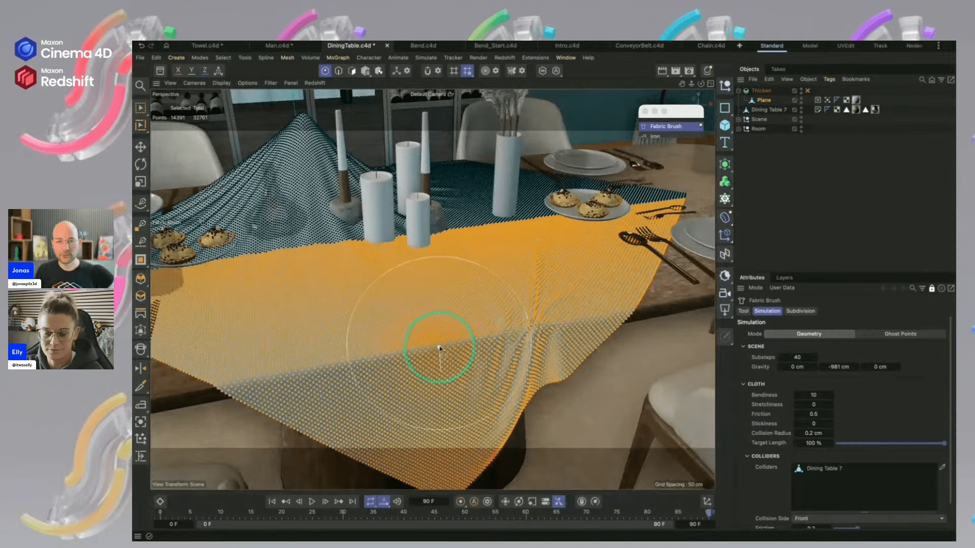 a screenshot of a 3d rendering software interface showcasing an elegant dining table scene the table is covered with a textured tablecloth draped artistically arrayed atop the table are pristine white plates slender candles and delectable pastries with vibrant graphics displaying colorful rendering tools and settings on the right digital production A screenshot of a 3D rendering software interface showcasing an elegant dining table scene. The table is covered with a textured tablecloth draped artistically. Arrayed atop the table are pristine white plates, slender candles, and delectable pastries, with vibrant graphics displaying colorful rendering tools and settings on the right.