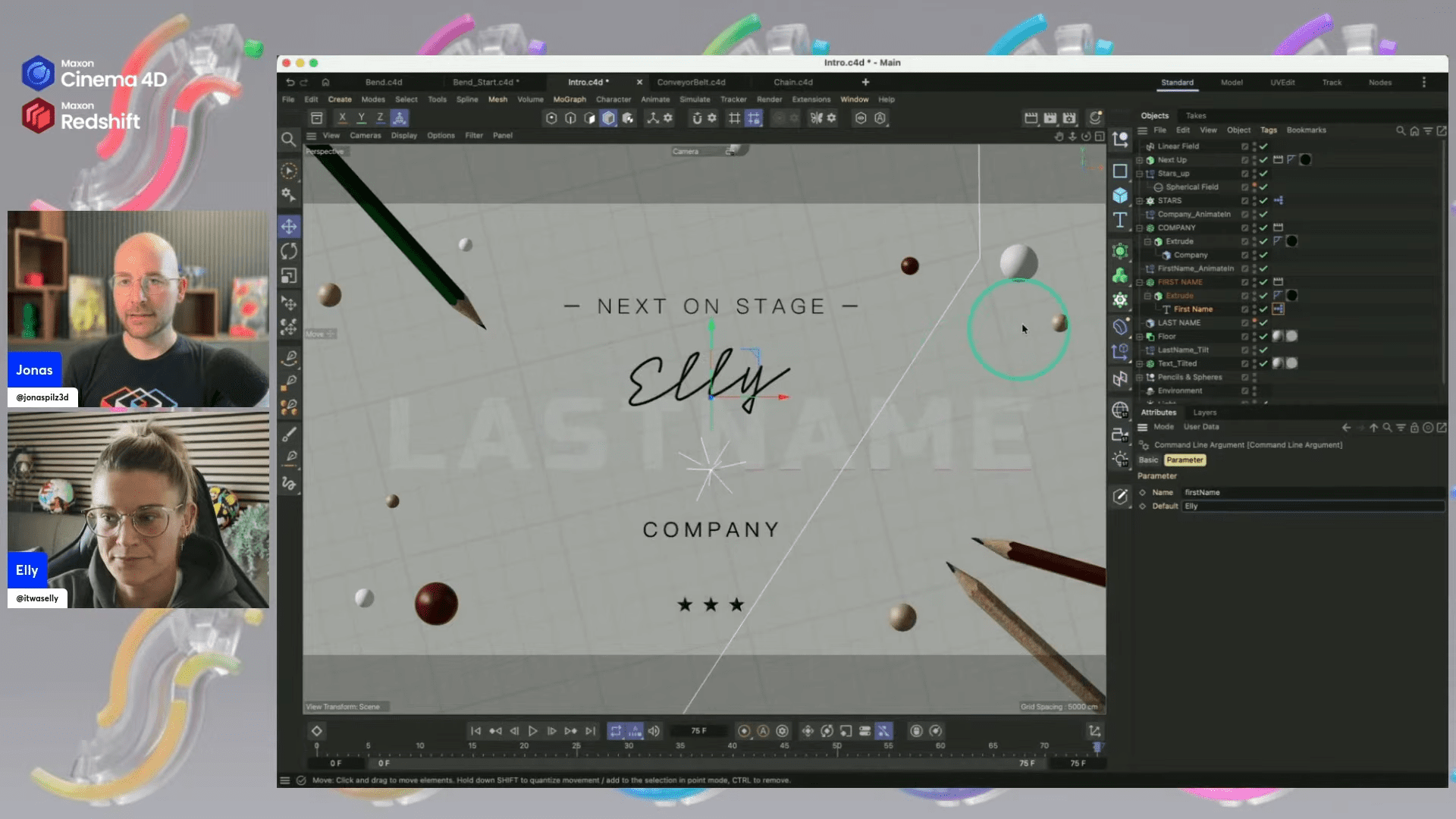 on a digitally rendered presentation screen a design layout features the name elly in elegant script framed by colored pencils spheres and circular shapes in the background two presenters jones and elly engage with the audience creating a dynamic atmosphere for the upcoming segment digital production On a digitally rendered presentation screen, a design layout features the name 'Elly' in elegant script, framed by colored pencils, spheres, and circular shapes. In the background, two presenters, Jones and Elly, engage with the audience, creating a dynamic atmosphere for the upcoming segment.