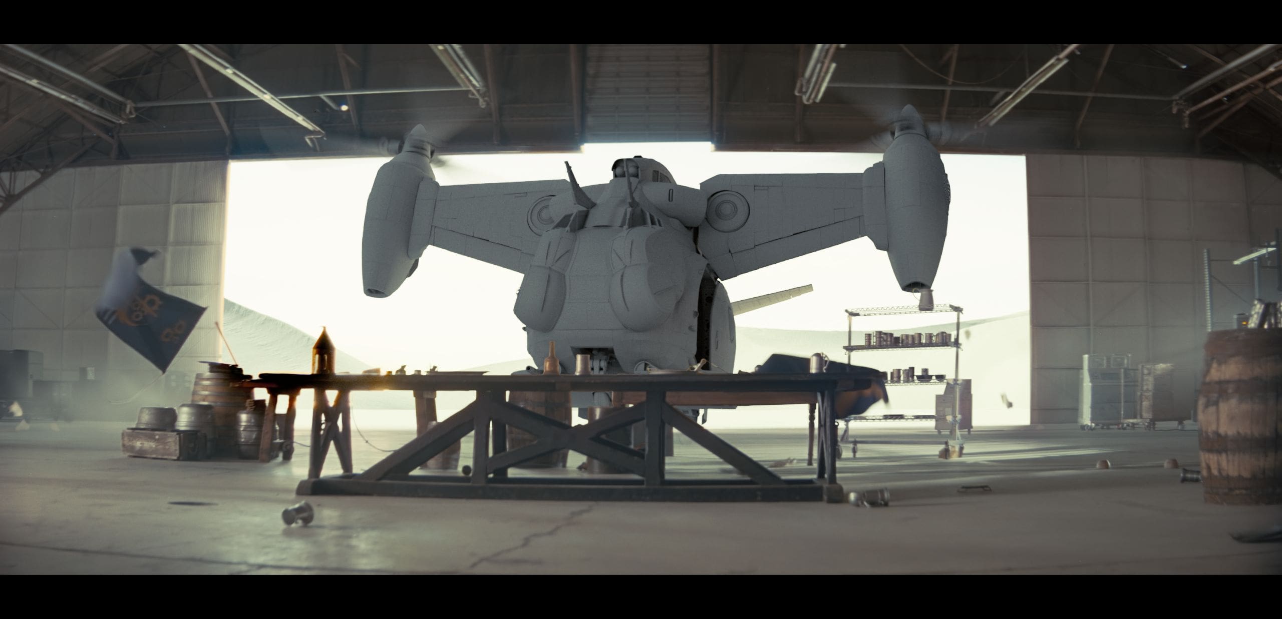 in a spacious aircraft hangar a sleek futuristic aircraft with an angular design sits atop a sturdy workbench the smooth gray surface reflects the soft light from large windows while scattered tools and machinery surround the area hinting at ongoing maintenance work digital production In a spacious aircraft hangar, a sleek, futuristic aircraft with an angular design sits atop a sturdy workbench. The smooth gray surface reflects the soft light from large windows, while scattered tools and machinery surround the area, hinting at ongoing maintenance work.