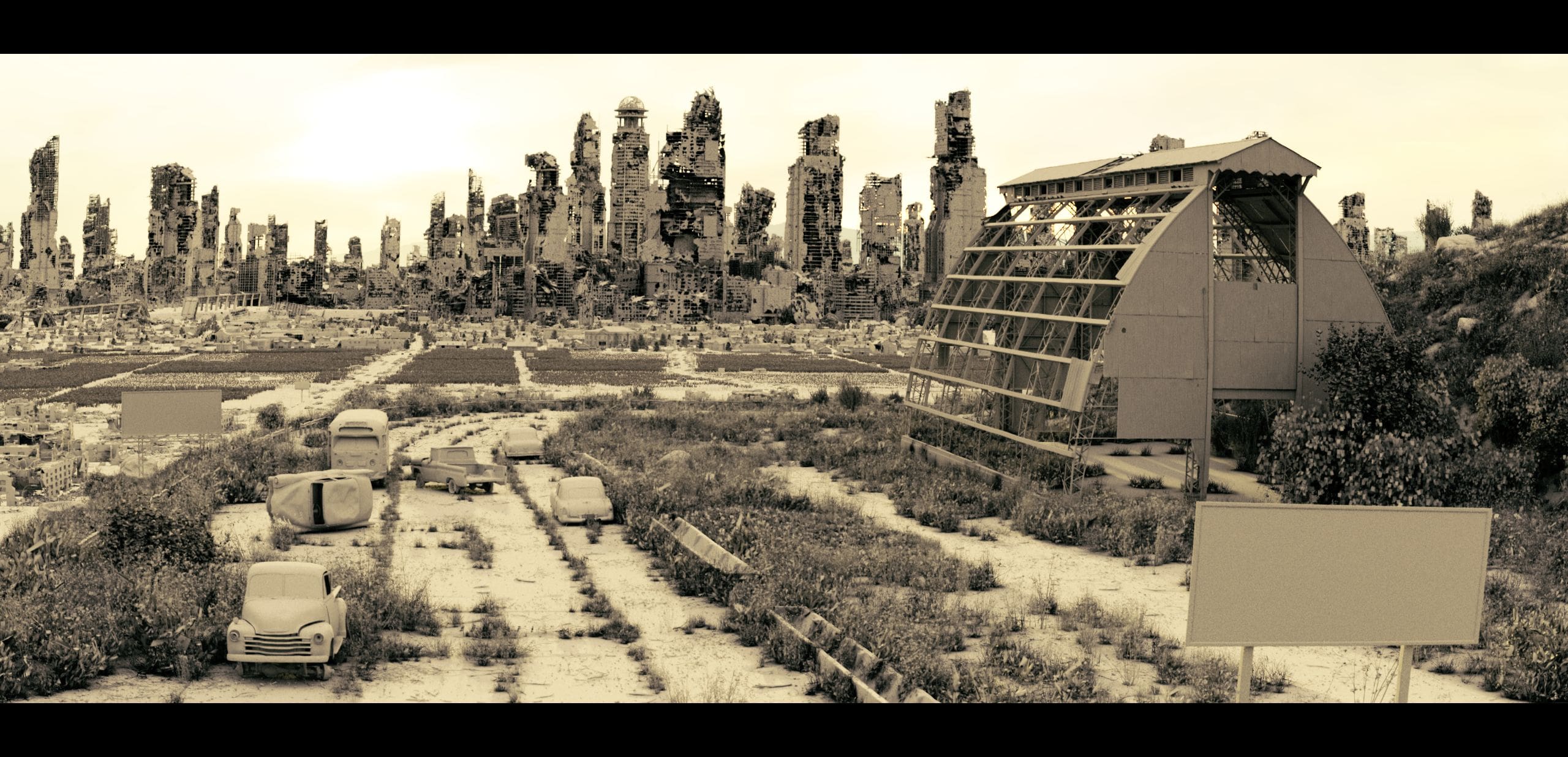 a desolate urban landscape reveals crumbling skyscrapers silhouetted against a muted sky a large glasspaneled greenhouse stands prominently surrounded by overgrown vegetation abandoned cars partially buried in weeds evoke a haunting sense of isolation and decay digital production A desolate urban landscape reveals crumbling skyscrapers, silhouetted against a muted sky. A large, glass-paneled greenhouse stands prominently, surrounded by overgrown vegetation. Abandoned cars, partially buried in weeds, evoke a haunting sense of isolation and decay.