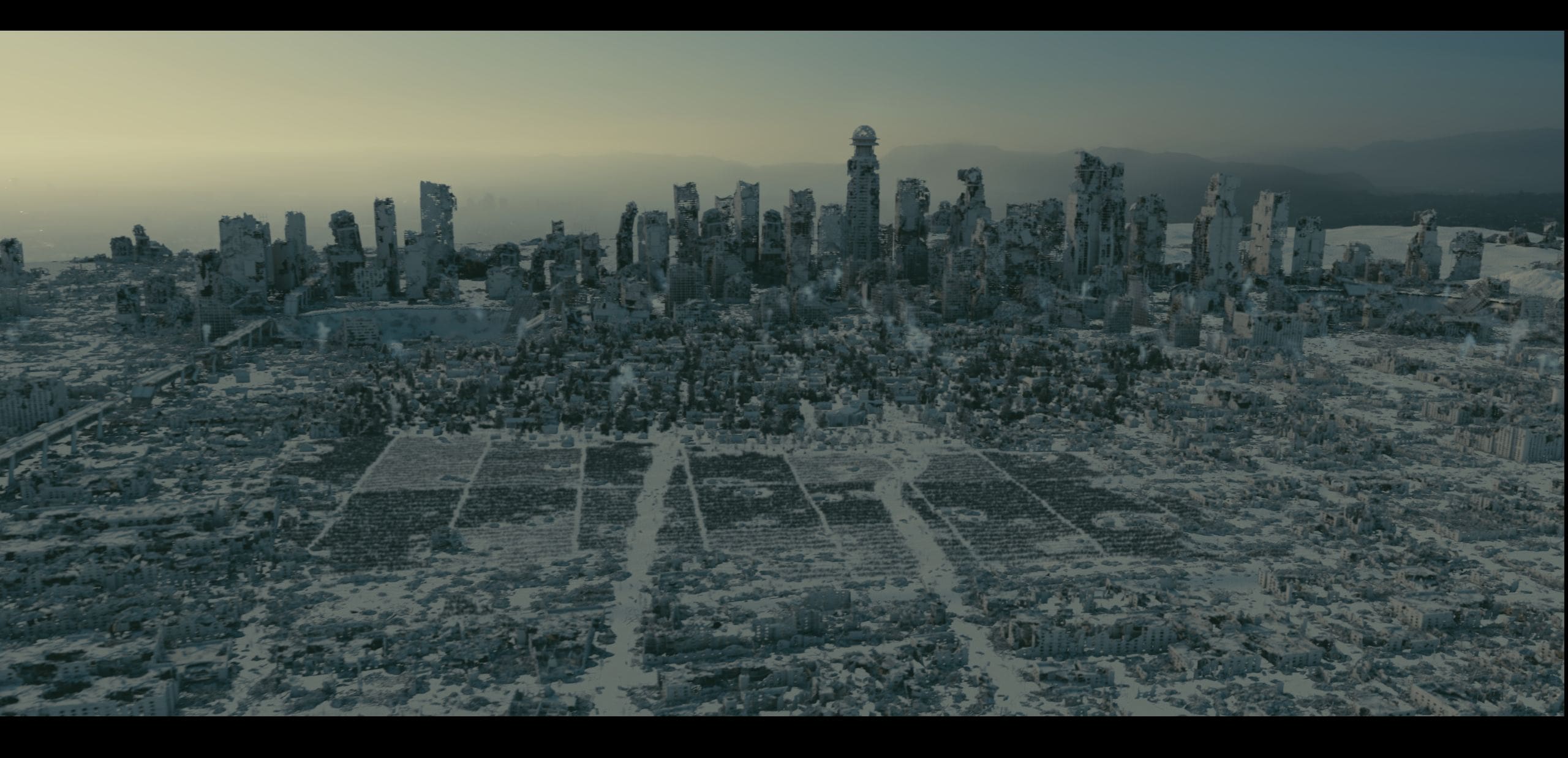 aerial view of a desolate cityscape where towering crumbling skyscrapers loom among an expanse of white debris the ground is covered in a thick layer of frost giving a stark contrast to the ruined structures under a muted cold sky digital production Aerial view of a desolate cityscape, where towering, crumbling skyscrapers loom among an expanse of white debris. The ground is covered in a thick layer of frost, giving a stark contrast to the ruined structures under a muted, cold sky.