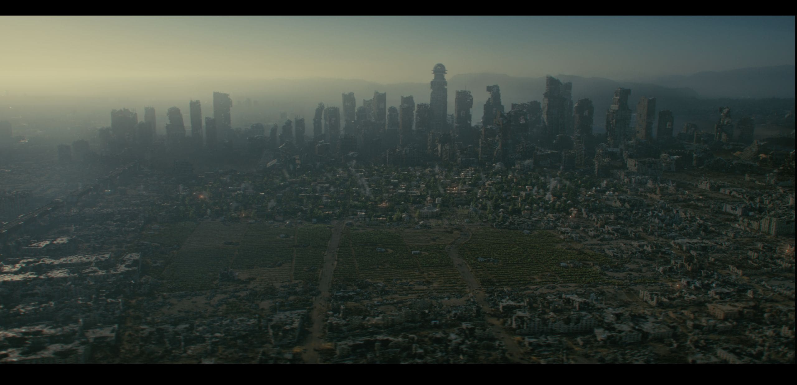 an aerial view of a vast urban landscape at dusk featuring a dense skyline of towering skyscrapers standing majestically against a hazy sky below an expanse of scattered buildings and vegetation contrasts sharply evoking a sense of scale and complexity in the city digital production An aerial view of a vast urban landscape at dusk, featuring a dense skyline of towering skyscrapers standing majestically against a hazy sky. Below, an expanse of scattered buildings and vegetation contrasts sharply, evoking a sense of scale and complexity in the city.