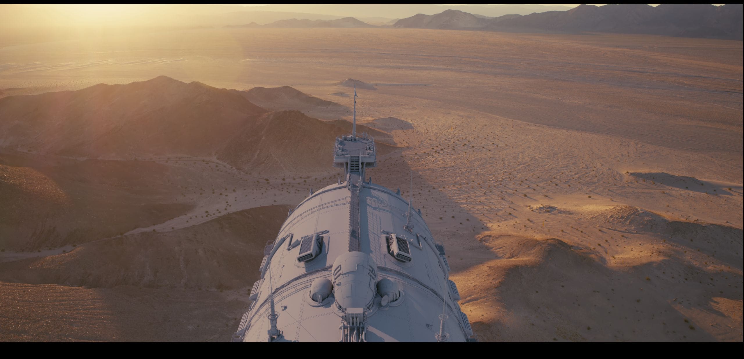 aerial view from the top of a futuristic spacecraft set against a vast golden desert landscape the sun casts a warm glow over rolling sand dunes and distant mountains creating a dramatic contrast with the sleek metallic surface of the craft digital production Aerial view from the top of a futuristic spacecraft, set against a vast, golden desert landscape. The sun casts a warm glow over rolling sand dunes and distant mountains, creating a dramatic contrast with the sleek, metallic surface of the craft.