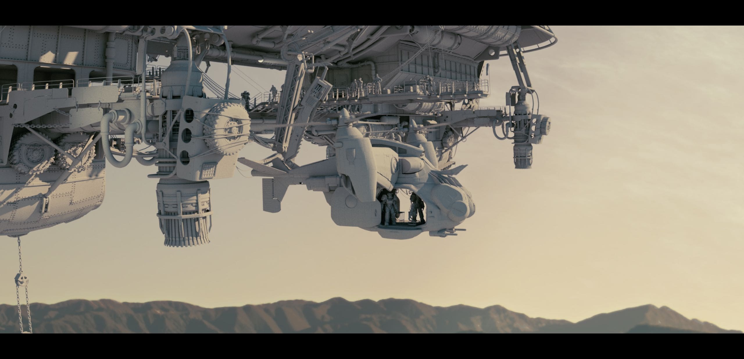 a futuristic aerial vehicle hovers above a rugged landscape showcasing intricate mechanical components and large propellers two figures stand in an open cockpit seemingly engaged in a mission the scene is bathed in warm light highlighting the contours of distant mountains digital production A futuristic aerial vehicle hovers above a rugged landscape, showcasing intricate mechanical components and large propellers. Two figures stand in an open cockpit, seemingly engaged in a mission. The scene is bathed in warm light, highlighting the contours of distant mountains.