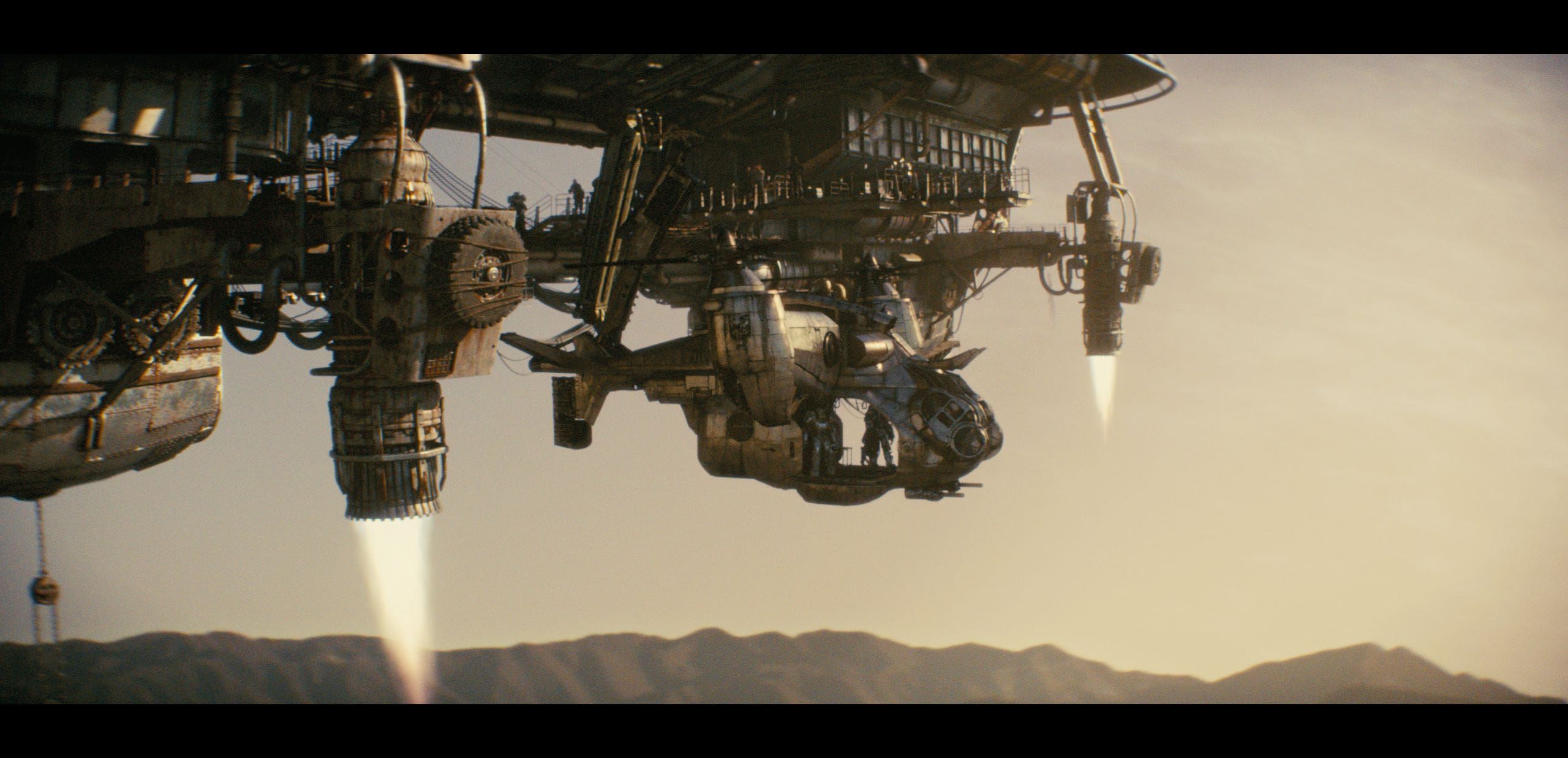 a large intricately designed flying machine hovers against a dusky sky with powerful thrusters emitting streams of fire its weathered metal surface glistens in the evening light while jagged mountain ridges rise majestically in the background enhancing the scenes dramatic tension digital production A large, intricately designed flying machine hovers against a dusky sky, with powerful thrusters emitting streams of fire. Its weathered metal surface glistens in the evening light, while jagged mountain ridges rise majestically in the background, enhancing the scene's dramatic tension.