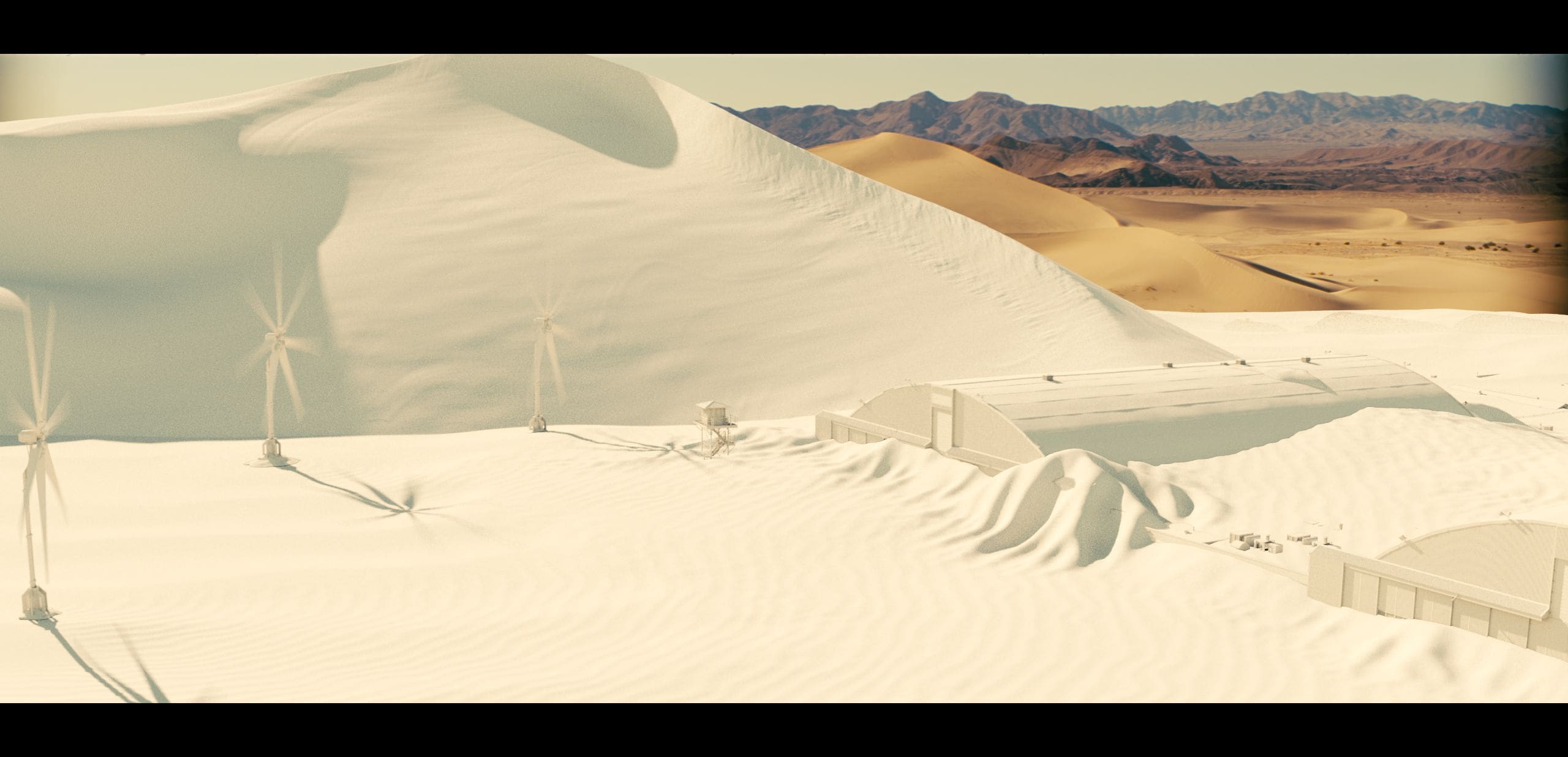 an expansive desert landscape featuring towering sand dunes and a distant mountain range in the foreground several wind turbines stand amidst rolling sand with shadows stretching across the smooth surface residences with minimal features blend into the sandy terrain digital production An expansive desert landscape featuring towering sand dunes and a distant mountain range. In the foreground, several wind turbines stand amidst rolling sand, with shadows stretching across the smooth surface. Residences with minimal features blend into the sandy terrain.