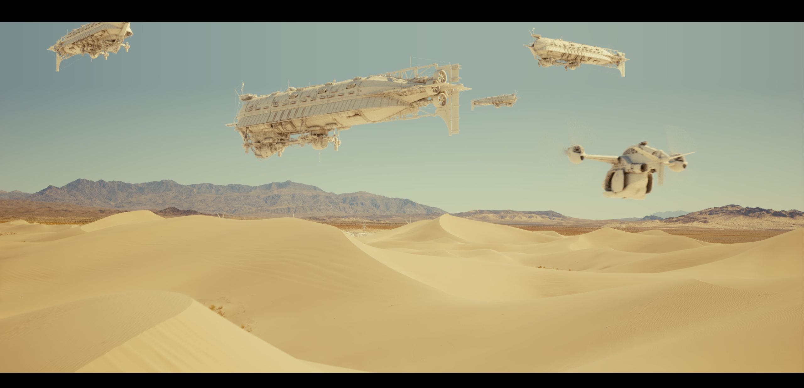 a vast golden desert landscape features undulating sand dunes under a clear sky in the background futuristic spacecraft hover above the dunes with a sleek drone flying nearby mountains rise faintly on the horizon enhancing the scenes otherworldly atmosphere digital production A vast, golden desert landscape features undulating sand dunes under a clear sky. In the background, futuristic spacecraft hover above the dunes, with a sleek drone flying nearby. Mountains rise faintly on the horizon, enhancing the scene’s otherworldly atmosphere.