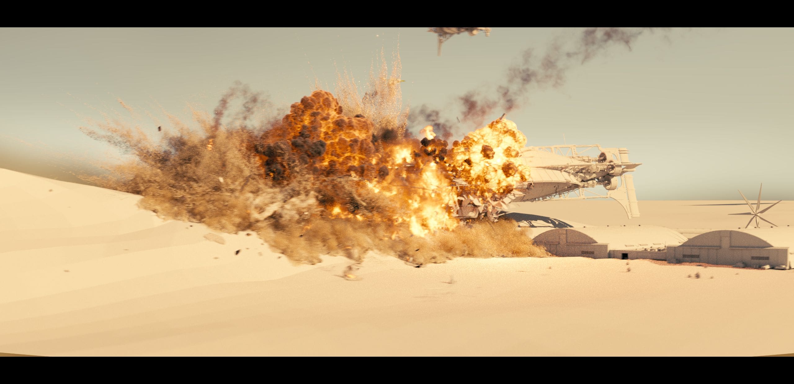 a dramatic explosion erupts in a vast desert landscape sending flames and billowing smoke into the pale sky the force of the blast scatters debris across the sandy terrain while a futuristic structure lies in the foreground partially engulfed by the fiery chaos digital production A dramatic explosion erupts in a vast desert landscape, sending flames and billowing smoke into the pale sky. The force of the blast scatters debris across the sandy terrain, while a futuristic structure lies in the foreground, partially engulfed by the fiery chaos.
