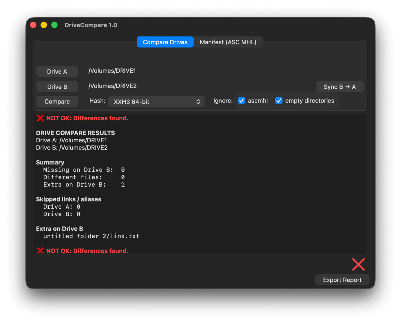 a computer screen displaying the drivecompare 10 interface the window features a dark theme with sections labeled drive a and drive b detailing comparison results between two drives red warnings indicate differences found along with a summary of missing and extra files digital production A computer screen displaying the DriveCompare 1.0 interface. The window features a dark theme with sections labeled Drive A and Drive B, detailing comparison results between two drives. Red warnings indicate differences found, along with a summary of missing and extra files.