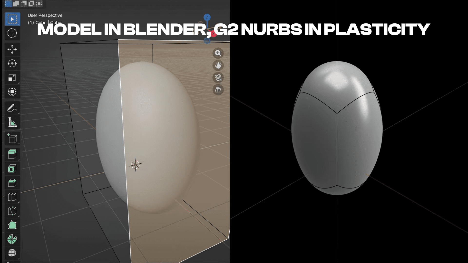 a digital 3d rendering displays a smooth eggshaped model in blender shown in a lit environment with soft shadows the left side features the model in a light color with a grid backdrop while the right showcases a gray version against a dark backdrop emphasizing its curves and g2 nurbs digital production A digital 3D rendering displays a smooth egg-shaped model in Blender, shown in a lit environment with soft shadows. The left side features the model in a light color with a grid backdrop, while the right showcases a gray version against a dark backdrop, emphasizing its curves and G2 nurbs.