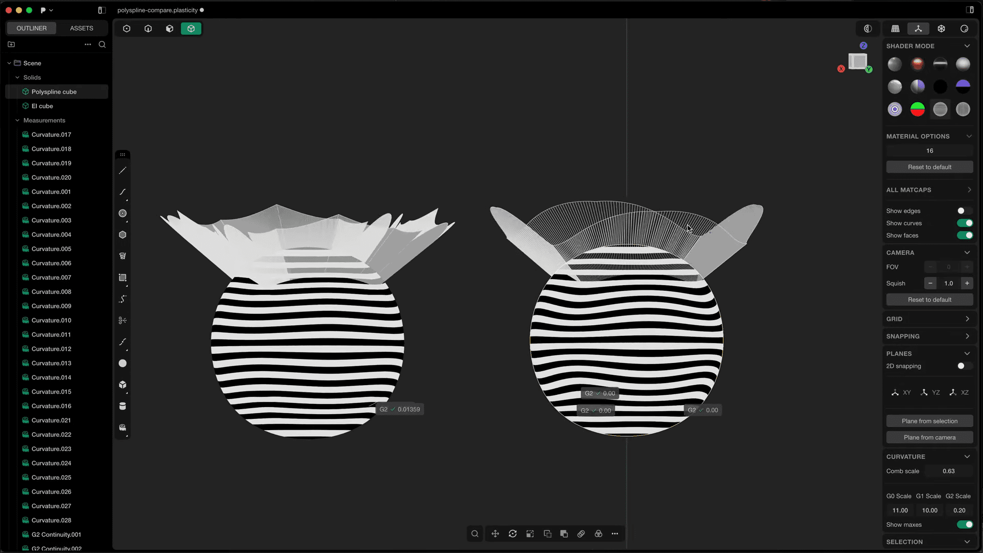 a digital design interface showcases two spherical objects each adorned with bold black and white stripes the left sphere features a jagged crownlike structure on top while the right sphere sports a smoother more elongated shape the background is a deep matte black enhancing the contrast of the objects digital production Two circular striped spheres with frilly translucent tops shown side by side in a dark 3D modeling app viewport, left and right views.