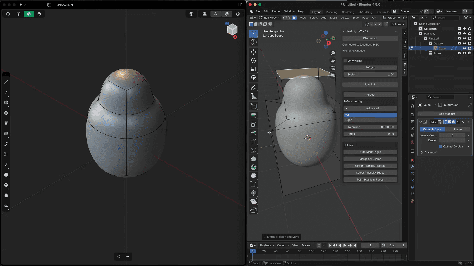 the image displays a 3d modeling interface featuring a gray object resembling a simple smooth sculpture the left side shows the object from the top view while the right side highlights a detailed properties panel with various settings including modifiers and tool options digital production The image displays a 3D modeling interface featuring a gray object resembling a simple, smooth sculpture. The left side shows the object from the top view, while the right side highlights a detailed properties panel with various settings, including modifiers and tool options.