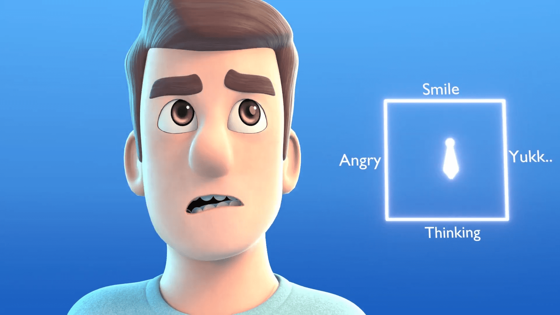 digital production 3D cartoon man with a worried expression looking at a glowing outlined square on a blue background, with the words Smile, Angry, Thinking, and Yuk... around it.