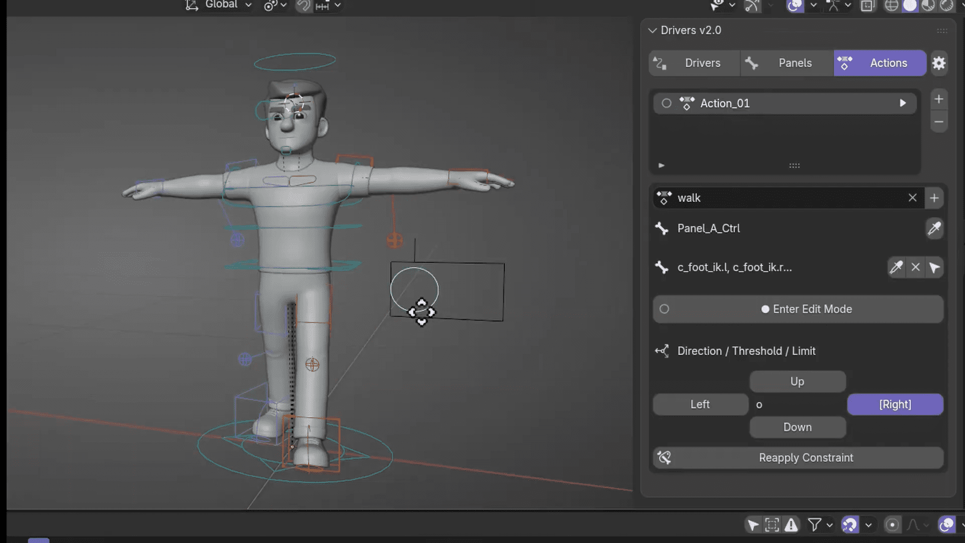 digital production Blender 3D rig with arms outstretched and drivers panel labeled Actions and walk visible on the right side