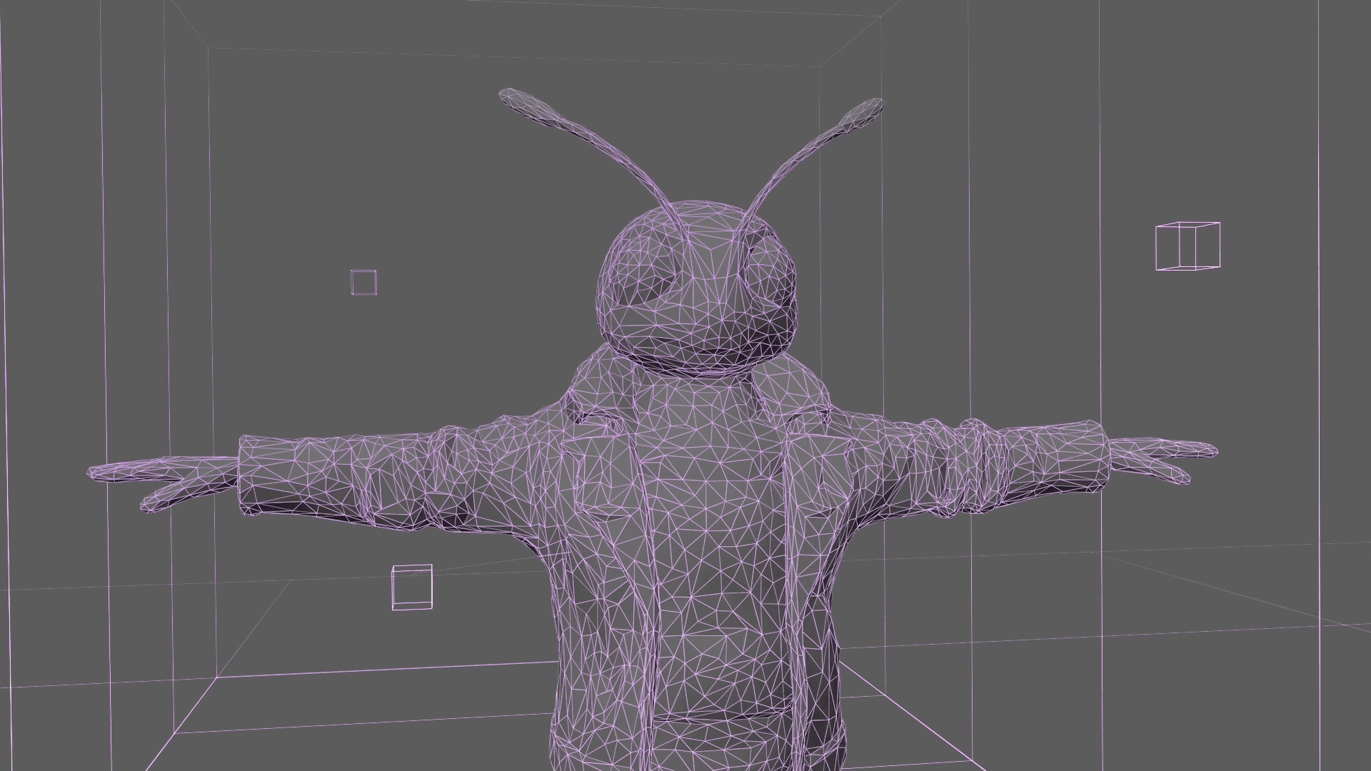a stylized 3d wireframe model of a character resembling a humanoid insect complete with antennae the figure stands with arms extended set against a simple gray background that enhances its translucent appearance revealing a complex geometric structure digital production A stylized 3D wireframe model of a character resembling a humanoid insect, complete with antennae. The figure stands with arms extended, set against a simple gray background that enhances its translucent appearance, revealing a complex geometric structure.