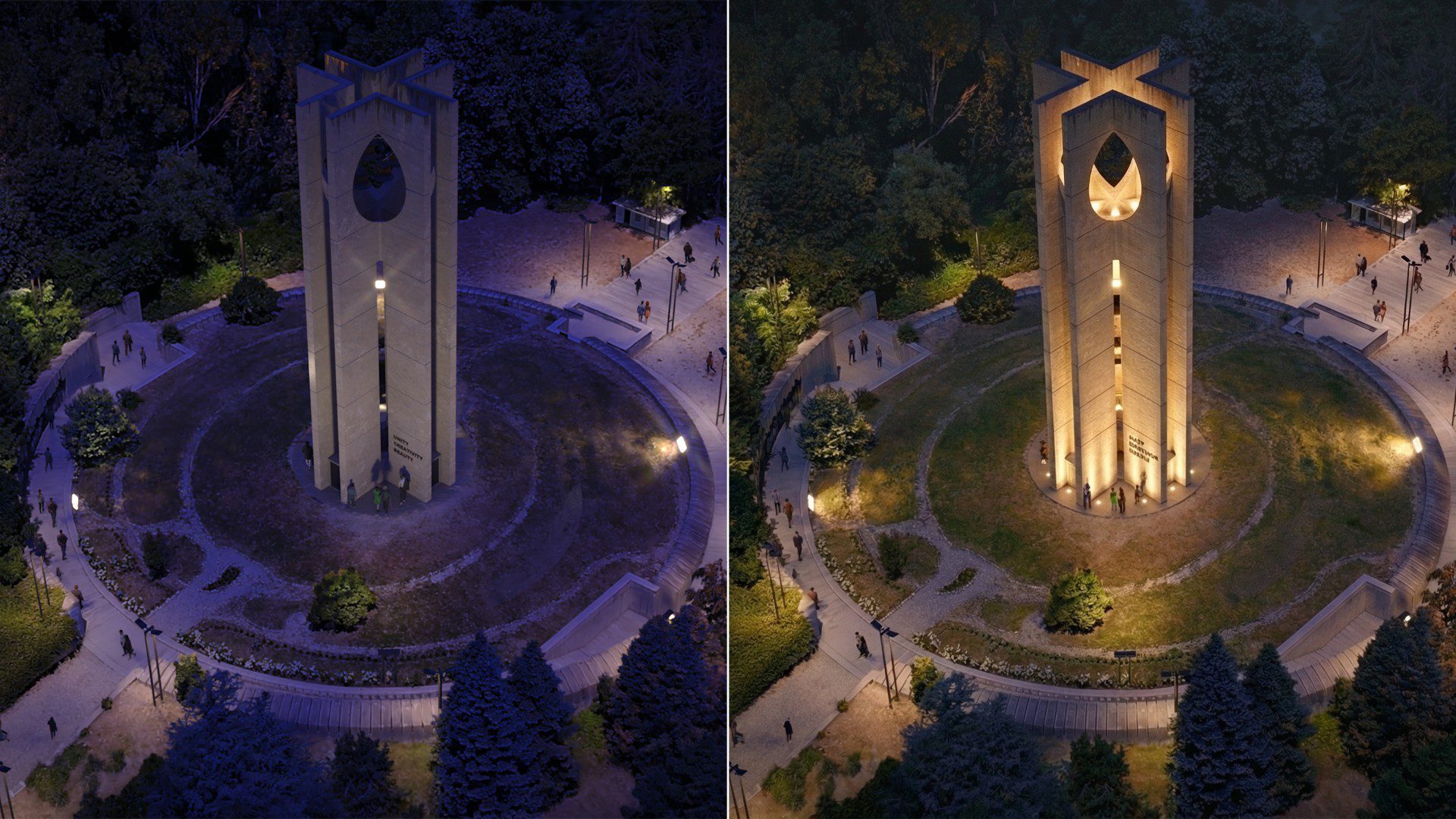 the image presents a captivating nighttime view of a tall clock tower illuminations casting ambient lighting around the structure the tower features a distinct design with a prominent opening shaped like a teardrop surrounding the tower trees and pathways create a parklike atmosphere with small groups of people leisurely strolling enhancing the sense of tranquility digital production The image presents a captivating nighttime view of a tall clock tower, illuminations casting ambient lighting around the structure. The tower features a distinct design, with a prominent opening shaped like a teardrop. Surrounding the tower, trees and pathways create a park-like atmosphere, with small groups of people leisurely strolling, enhancing the sense of tranquility.