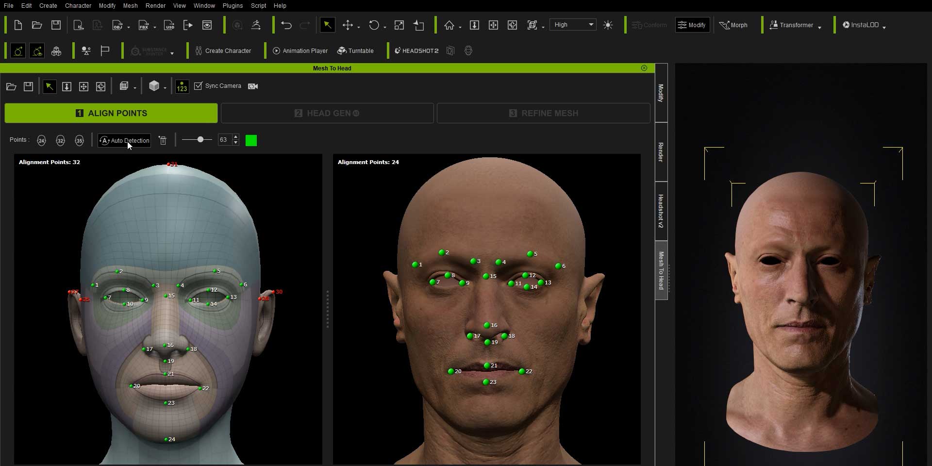a digital workstation displays three panels with a character model the left panel shows a wireframe face with green alignment points the center features a realistic face sculpt while the right presents a lifelike rendering of a bald male head with detailed facial features digital production A digital workstation displays three panels with a character model. The left panel shows a wireframe face with green alignment points, the center features a realistic face sculpt, while the right presents a lifelike rendering of a bald male head with detailed facial features.