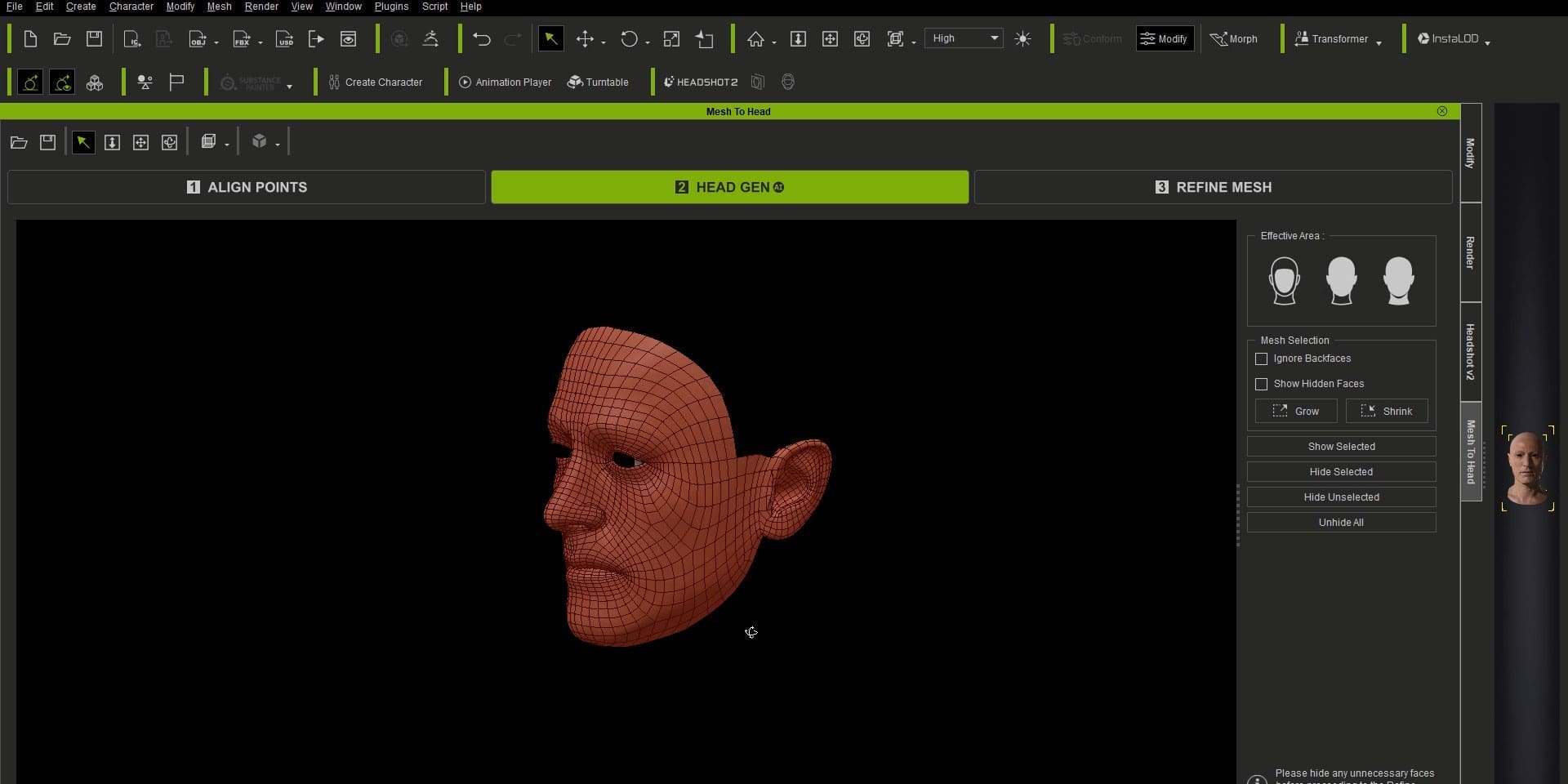 a 3d modeling software interface displays a halfrendered human head covered in a red wireframe mesh the background is stark black emphasizing the heads contours various tool options are visible at the top and side enhancing the creative workspace digital production A 3D modeling software interface displays a half-rendered human head, covered in a red wireframe mesh. The background is stark black, emphasizing the head's contours. Various tool options are visible at the top and side, enhancing the creative workspace.