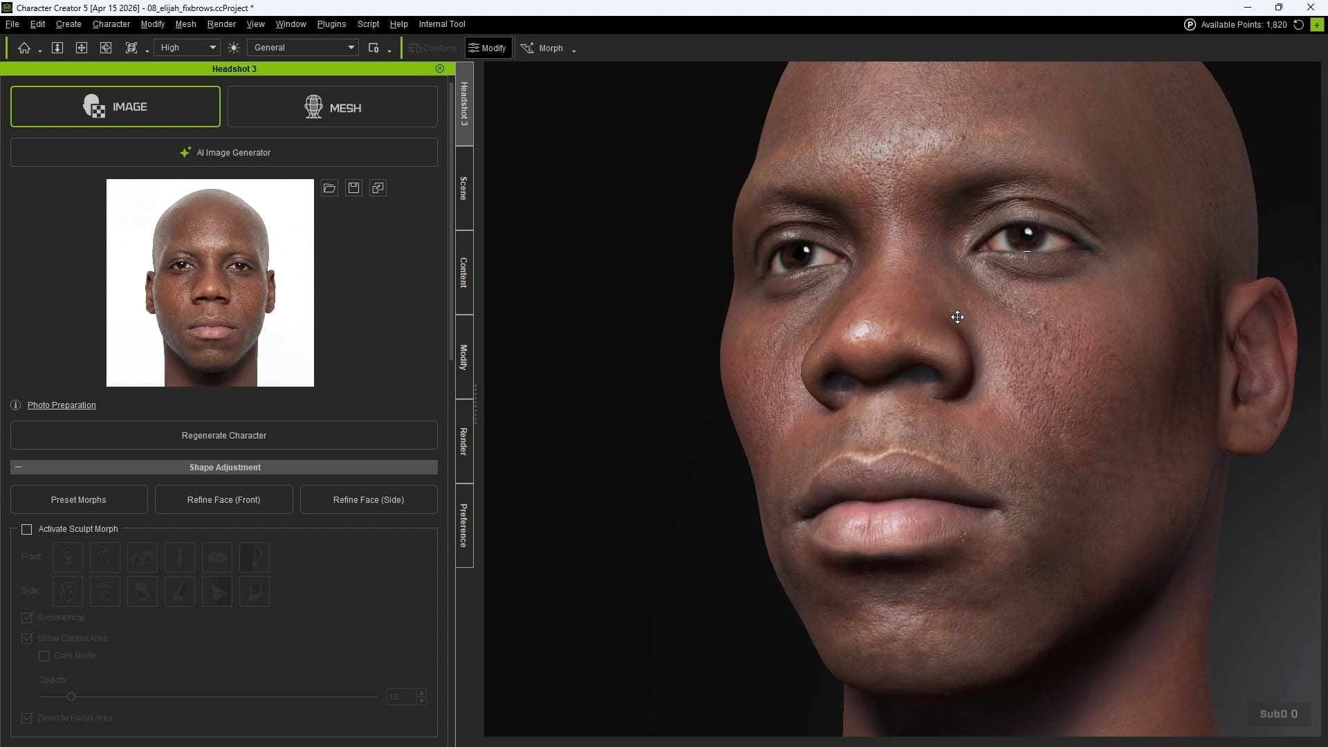a detailed closeup view of a digital characters face featuring smooth skin texture and expressive eyes the character has a shaved head a calm expression and subtle facial details set against a dark background with a user interface overlay displaying editing options digital production A detailed close-up view of a digital character's face, featuring smooth skin texture and expressive eyes. The character has a shaved head, a calm expression, and subtle facial details, set against a dark background with a user interface overlay displaying editing options.