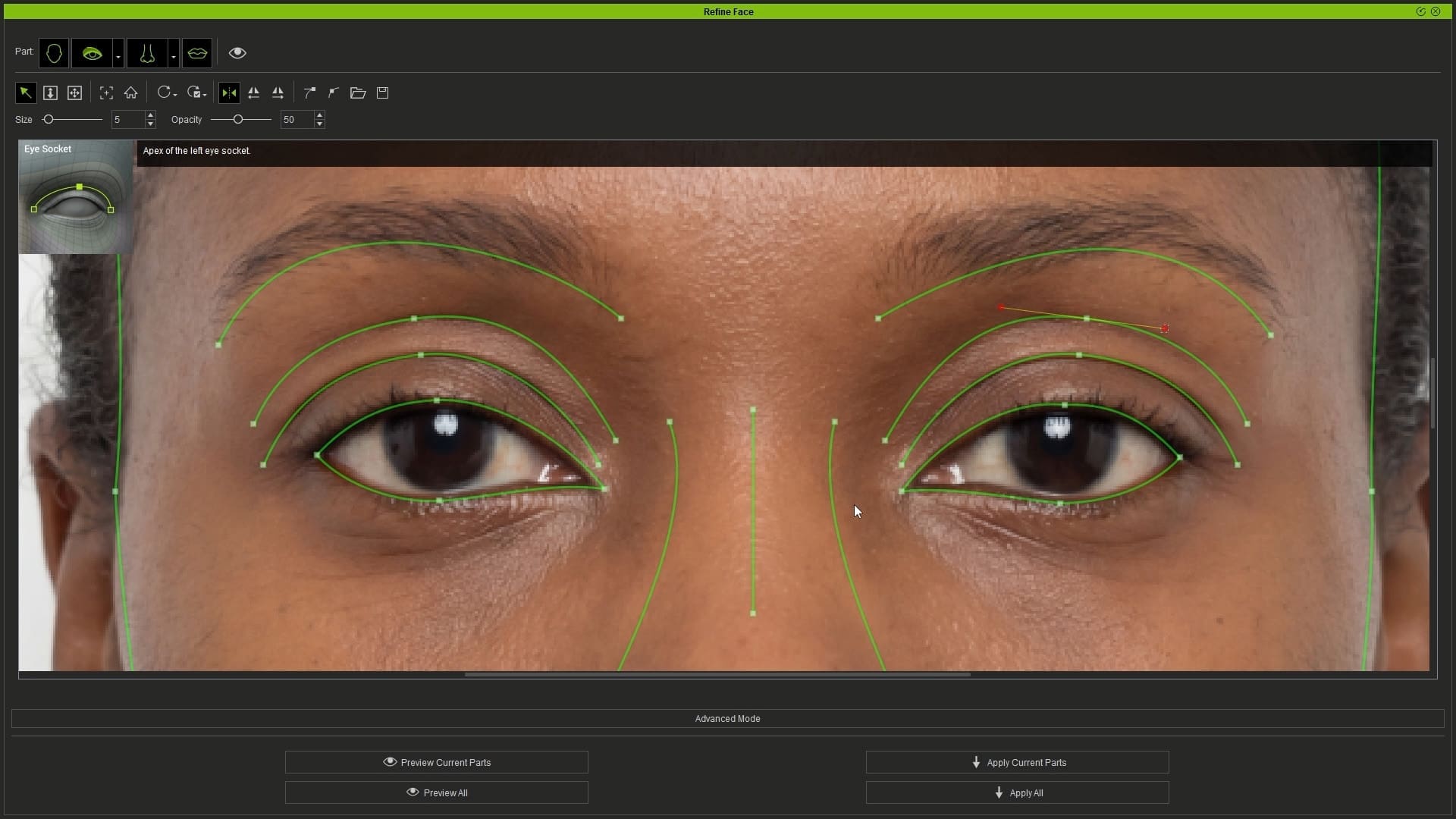 closeup view of a womans face focusing on her striking eyes the skin is smooth and the eyes are a deep brown framed by welldefined eyebrows green markers delicately trace the contours of her eyelids within a digital editing interface suggesting an eye enhancement or retouching process digital production Close-up view of a woman's face focusing on her striking eyes. The skin is smooth, and the eyes are a deep brown, framed by well-defined eyebrows. Green markers delicately trace the contours of her eyelids within a digital editing interface, suggesting an eye enhancement or retouching process.