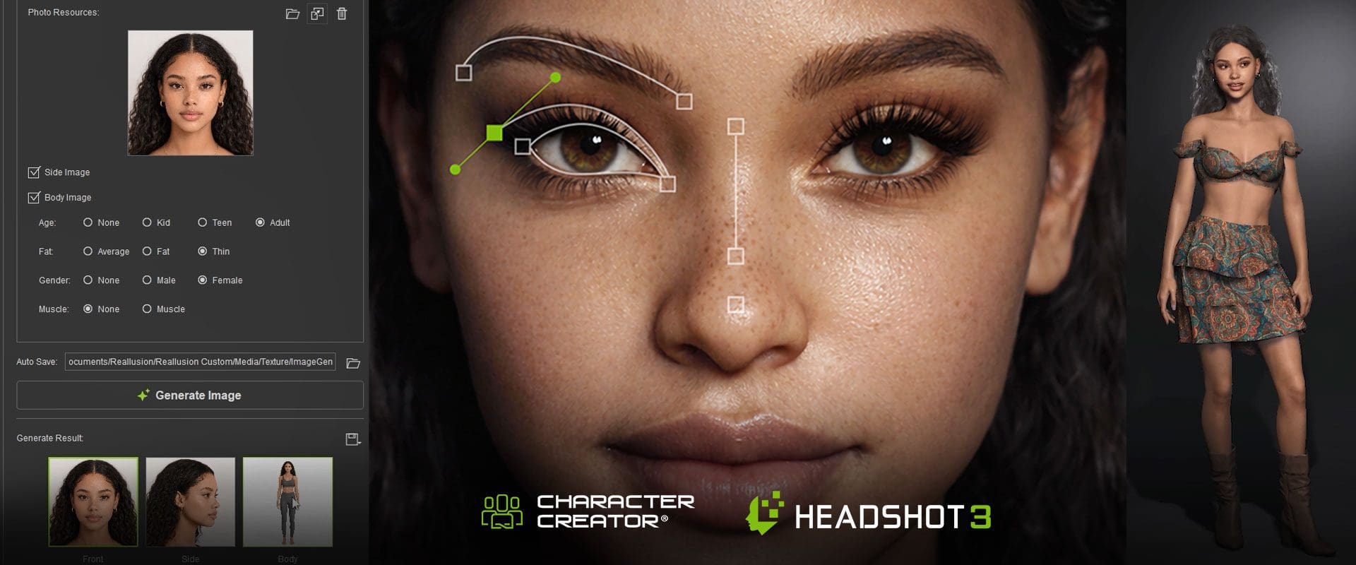 a closeup portrait of a young woman showcasing realistic facial features with long wavy hair framing her face her expressive brown eyes are highlighted while a digital interface suggesting edits and a model in a stylish outfit suggest character creation technology digital production A close-up portrait of a young woman showcasing realistic facial features, with long wavy hair framing her face. Her expressive brown eyes are highlighted, while a digital interface suggesting edits and a model in a stylish outfit suggest character creation technology.